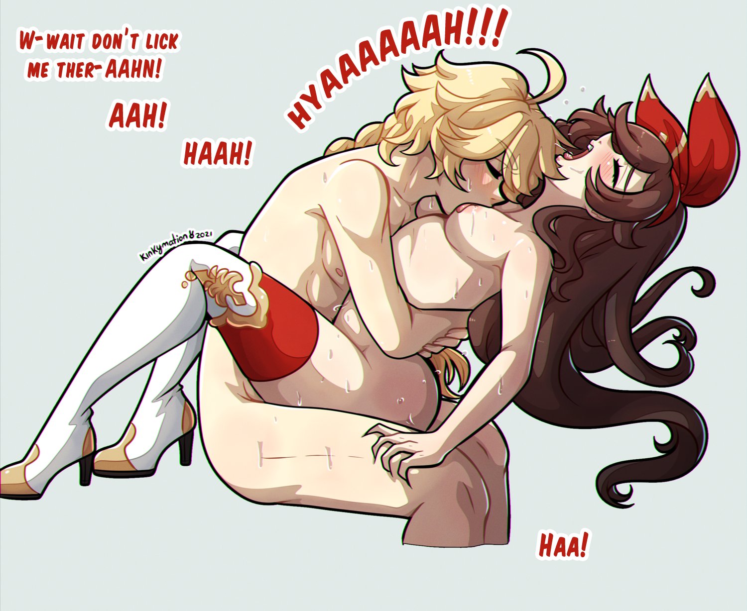 1boy, 1girls, aether (genshin impact), ahoge, amber (genshin impact), areolae, blonde hair, blush, bodily fluids, boots, braid, breast sucking, breasts, brown hair, closed eyes, dialogue, embracing, english text, female, genshin impact, hair ribbon, hi res, high heel boots, hugging, kinkymation, leg grab, long hair, male, nude, nude female, nude male, open mouth, red thighhighs, reverse missionary position, sex, thighhighs, white background