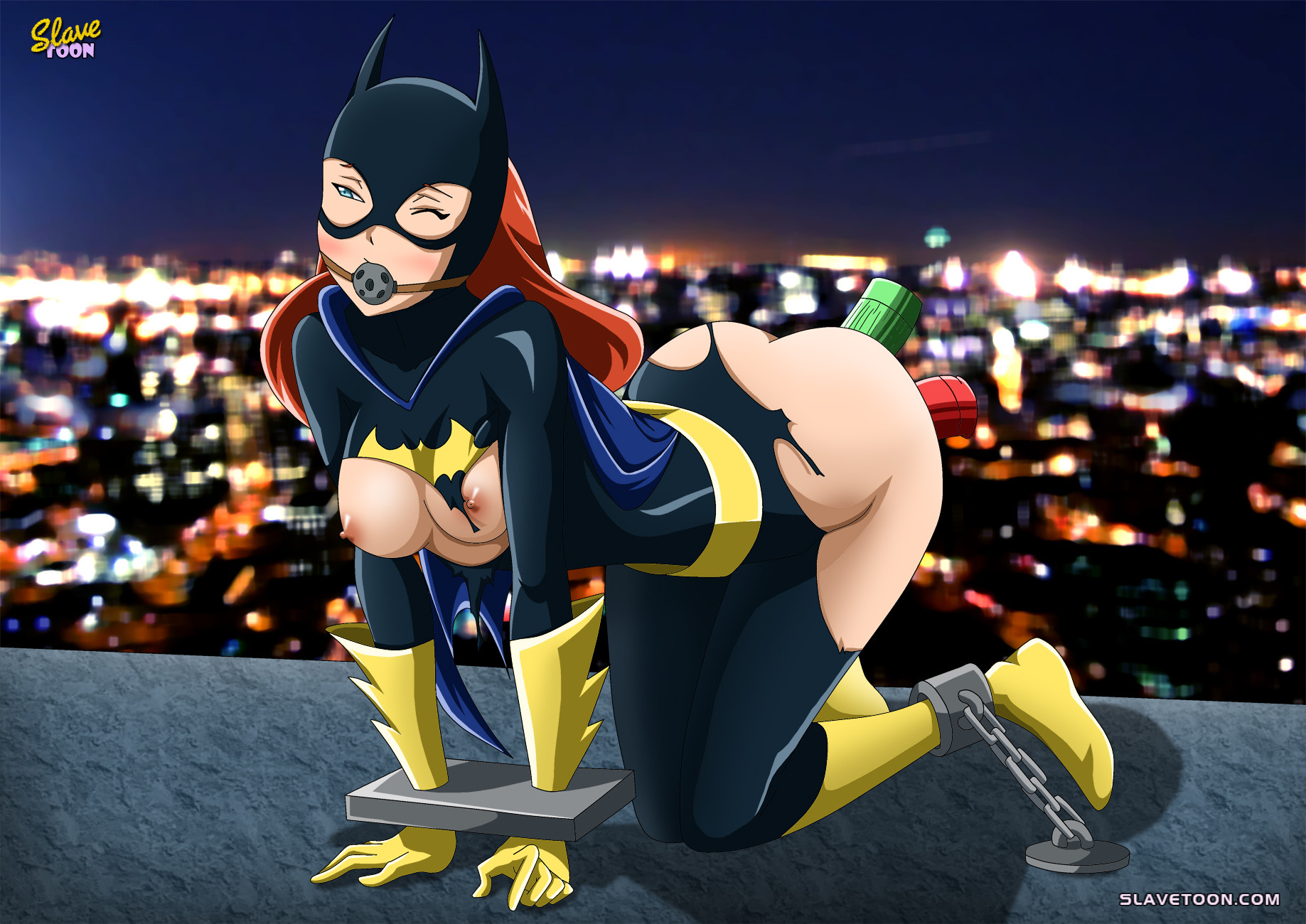 1girls, all fours, anal, anal insertion, ball gag, barbara gordon, batgirl, batgirl (barbara gordon), batgirl (the new batman adventures), batman (series), batman: the animated series, blush, bodysuit, bondage, boots, breasts, cape, city, dc, dc comics, dcau, dildo, dildo in ass, dildo in pussy, female, female only, gag, human, mask, night sky, no bra, no panties, on all fours, outdoors, outside, partially clothed, pussy, red hair, sex toy, slavetoon, superheroine, torn bodysuit, vaginal insertion, vaginal penetration