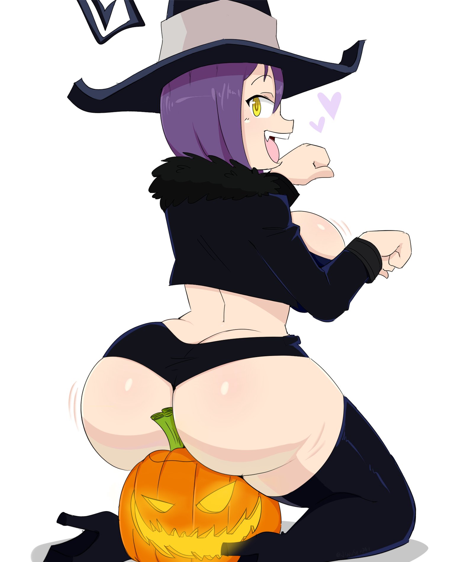 1girls, ass, ass cleavage, ass crack, ass focus, big ass, big breasts, blair (soul eater), booty shorts, breasts, butt crack, fangs, female, heart, jack-o'-lantern, jinu, looking at viewer, looking back, midriff baring shirt, mostly clothed, pumpkin, solo female, solo focus, soul eater, thick thighs, thighhighs, thin waist, witch, witch hat