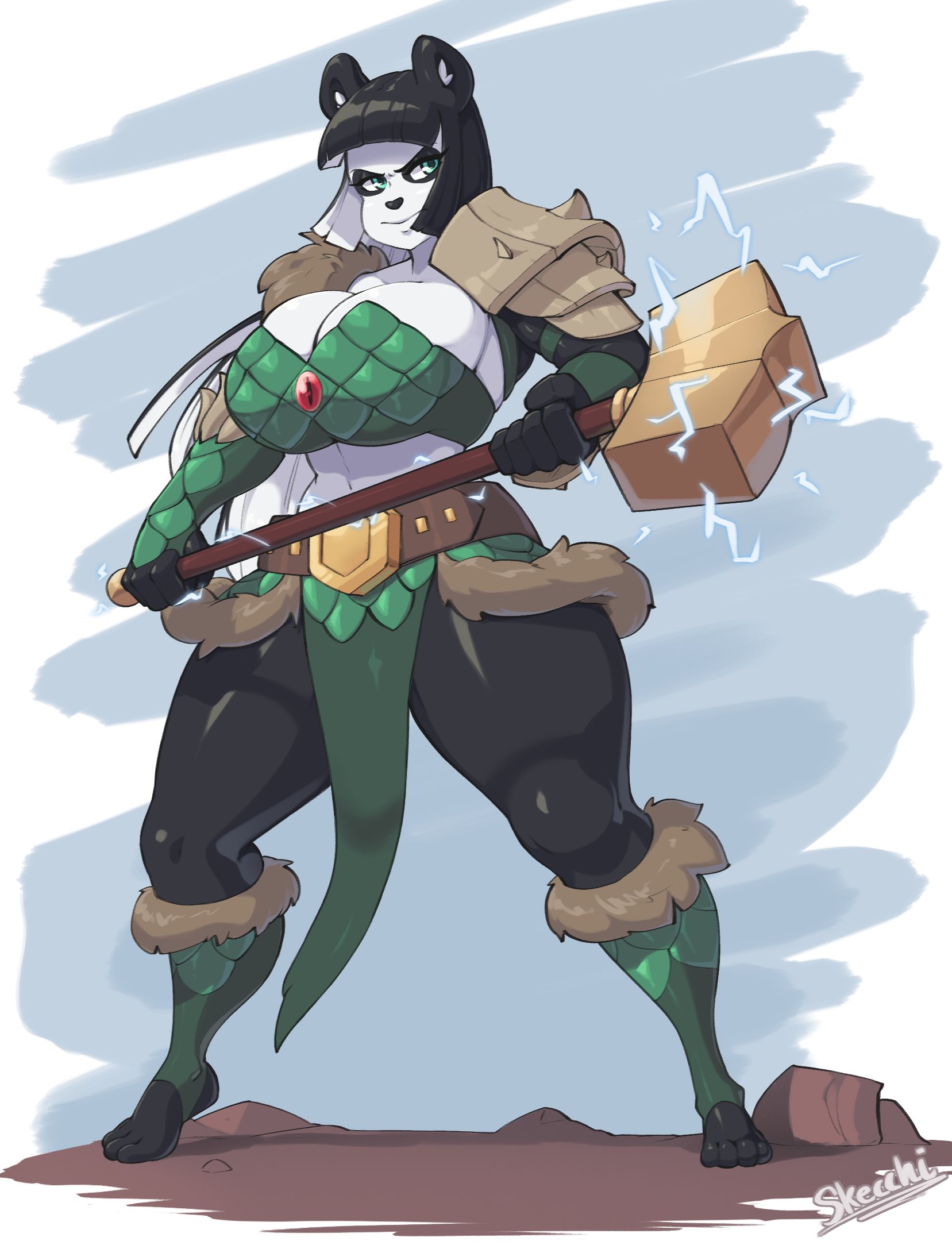 1girls, animal ears, anthro, armor, barbarian, barefoot, bear, bear ears, black fur, black hair, black nose, cleavage, clothing, electricity, female, female only, fur, green eyes, hammer, hi res, holding weapon, lei (skecchiart), panda, skecchiart, solo, solo female, thick thighs, two-tone hair, ursid, white fur, white hair