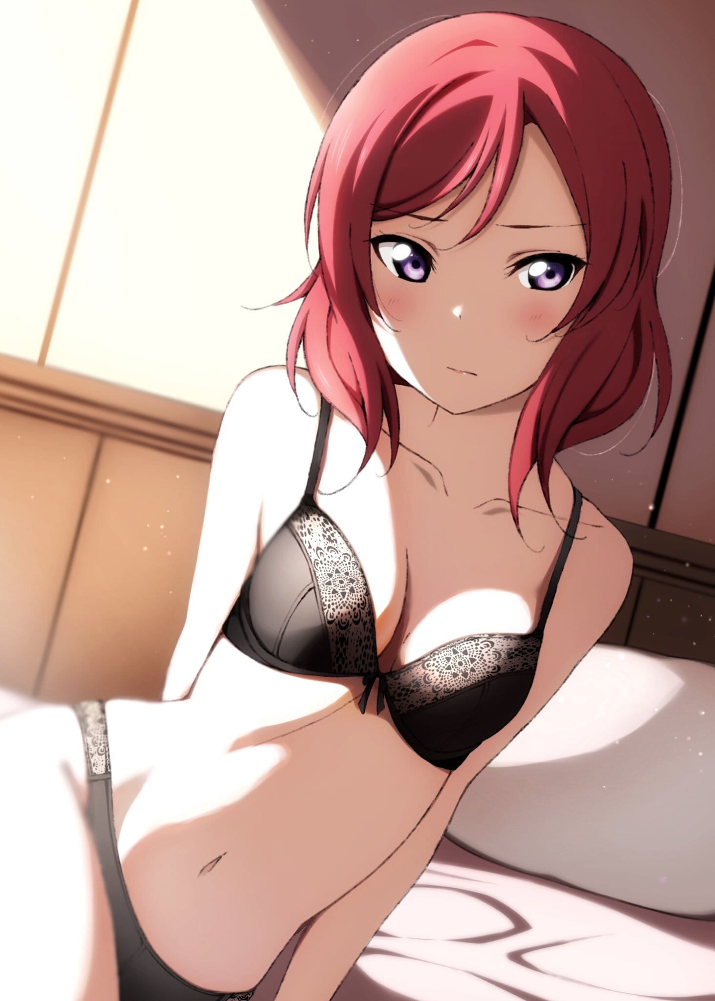 1girls, arms behind back, artist request, background, bed, black bra, black panties, blush, blushing, bra, breasts, collarbone, detailed background, embarrassed, female, looking at viewer, love live!, love live! school idol project, medium breasts, navel, nishikino maki, panties, pillow, purple eyes, red hair, reno 0901, short hair, sitting on bed, solo, underwear
