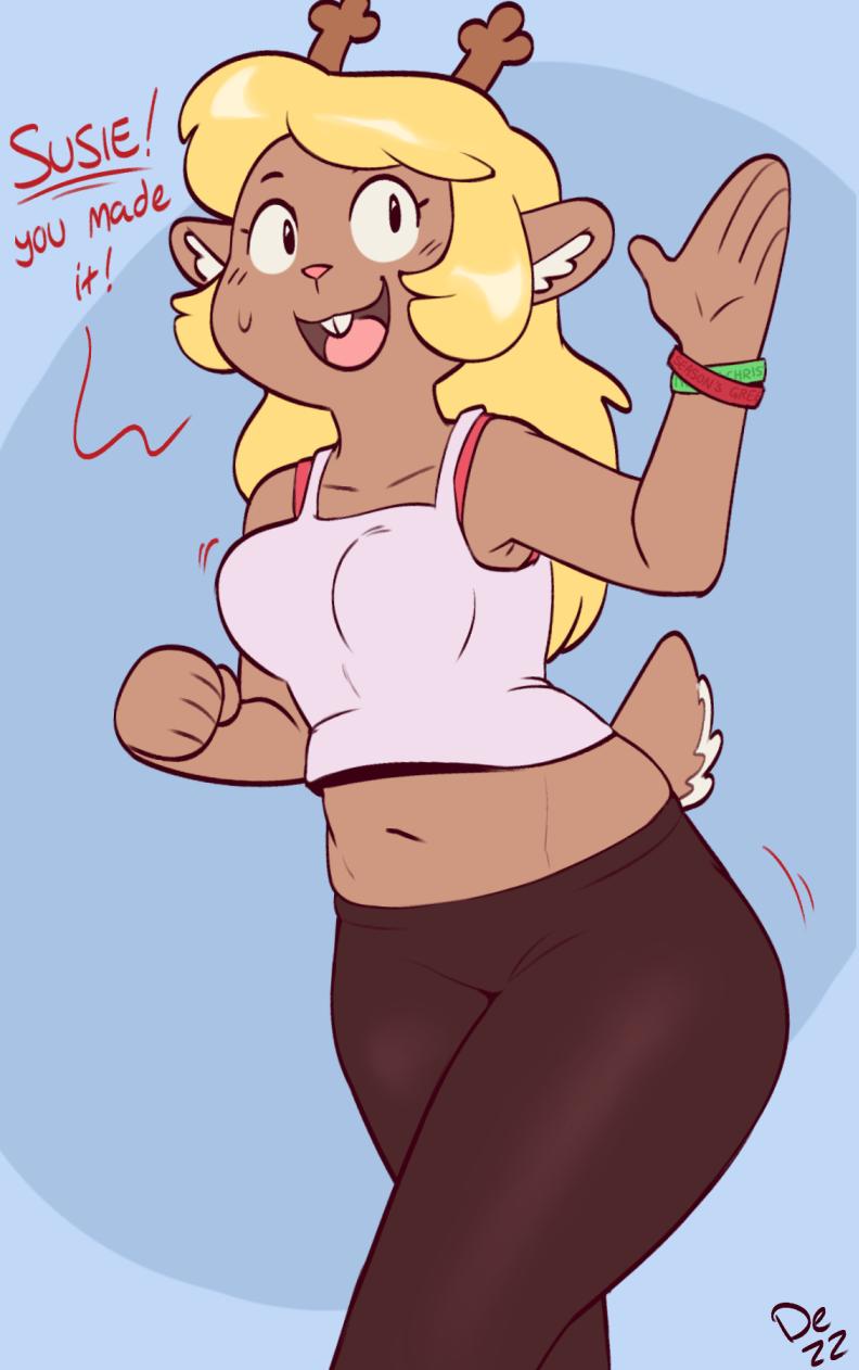 1girls, 2019, 2d, anthro, anthro female, anthro only, antlers, blonde hair, blush, capreoline, cervid, clothed, clothing, deer, deltarune, dezz, dialogue, digital media (artwork), english text, female, female only, fur, furry, furry female, furry only, hair, hi res, horn, mammal, noelle holiday, reindeer, solo, tail, text, thick thighs, tight clothing, undertale (series), video games, yoga pants