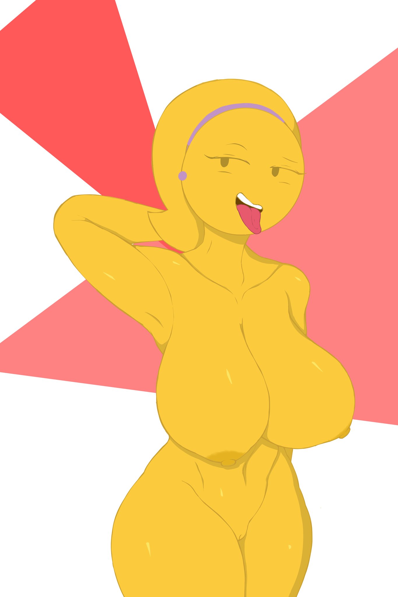 2021 anthro big_breasts breasts earrings emoji emoji_(race) emoji_milf emojifam_(sssir8) female glistening glistening_body glistening_skin milf mob_face no_outlines ponytail pose pussy randomnathan27 standing thick_thighs thighs tongue_out white_background wink yellow_skin