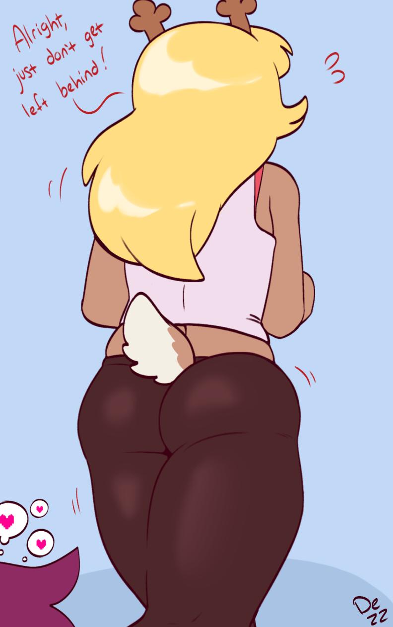 <3, 2019, 2girls, anthro, antlers, ass, ass focus, big ass, big butt, blonde hair, blush, breasts, butt focus, capreoline, cervid, clothed, clothing, deer, deltarune, dezz, dialogue, digital media (artwork), duo, english text, female, female only, fur, furry, hair, heart, hi res, horn, mammal, noelle holiday, reindeer, reptile, scalie, solo focus, susie (deltarune), tail, text, thick thighs, tight clothing, video games, yoga pants