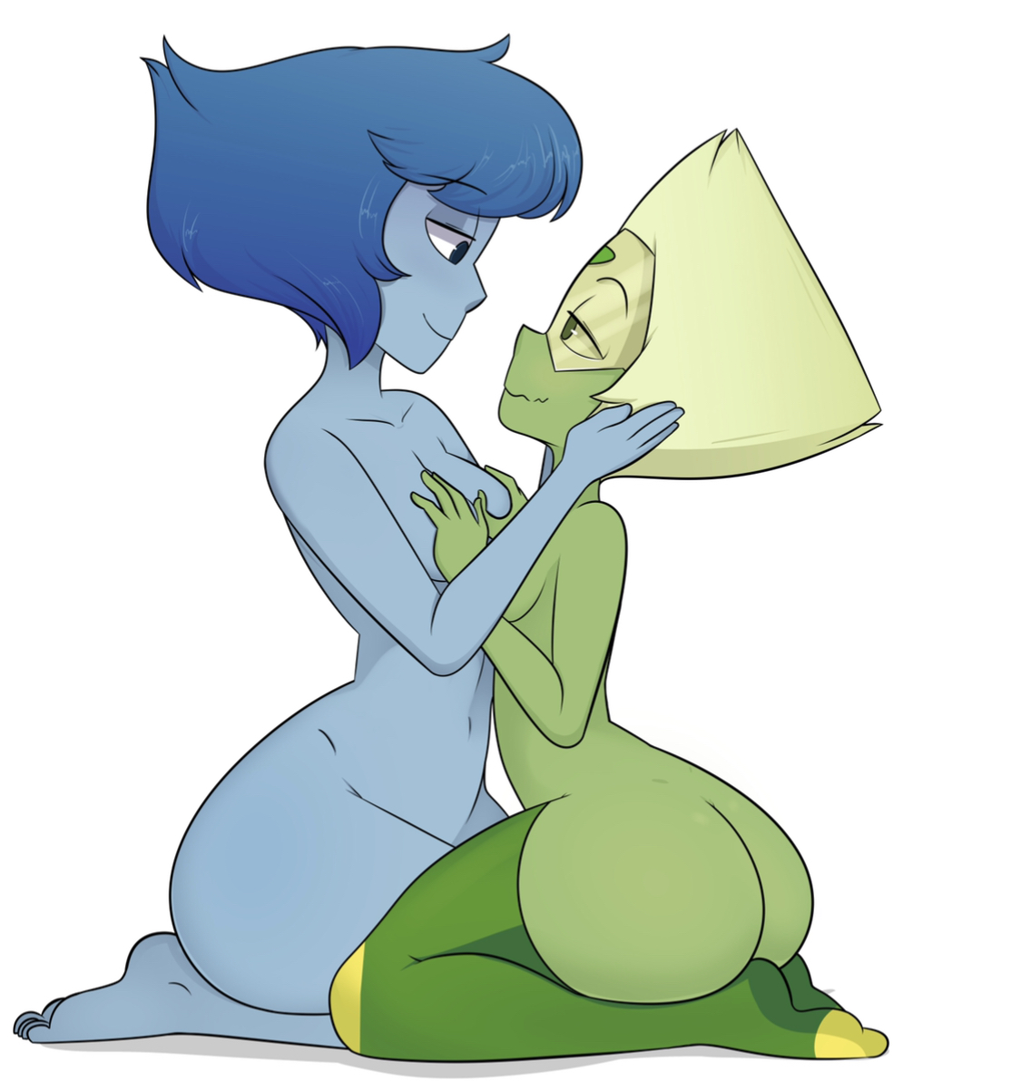 alien, alien girl, alien humanoid, angeliccmadness, ass, big ass, blue hair, blue skin, breasts, cartoon network, completely nude, female, gem (species), green eyes, green skin, groping, hands on breasts, lapis lazuli (steven universe), looking at another, medium breasts, navel, nude, nude female, peridot (steven universe), romantic couple, simple background, smaller female, smile, socks, socks only, steven universe, white background, wholesome, yuri