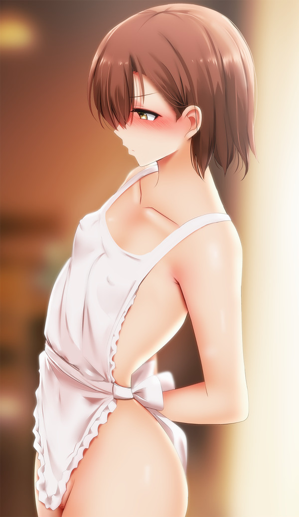 1girls, 2020s, 2021, apron, blush, breasts, brown hair, censored, female, ginhaha, hair, misaka mikoto, naked apron, nude, nude female, short hair, small breasts, solo, teenage female, teenager, to aru kagaku no railgun, to aru majutsu no index, young