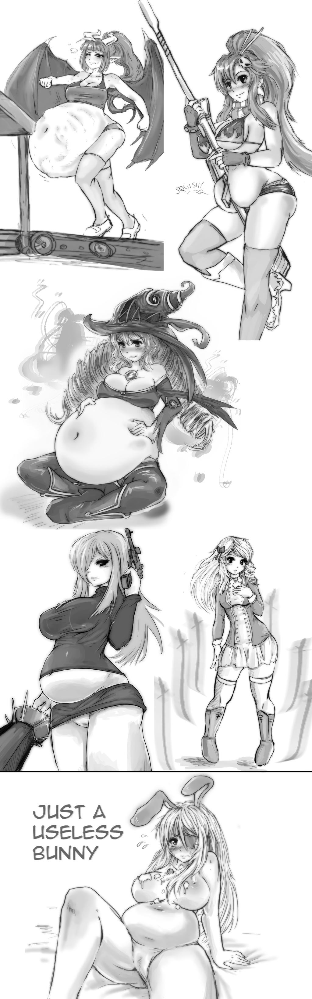bbw, big belly, big breasts, black and white, breasts, chubby, demon, female, female only, fetal movement, kipteitei, krieg (skullgirls), no eyewear, original character, parasoul, reisen udongein inaba, sketch page, skullgirls, stomach bulge, stuffing, succubus, tagme, tengen toppa gurren lagann, touhou, vore, white background, witch, yoko littner