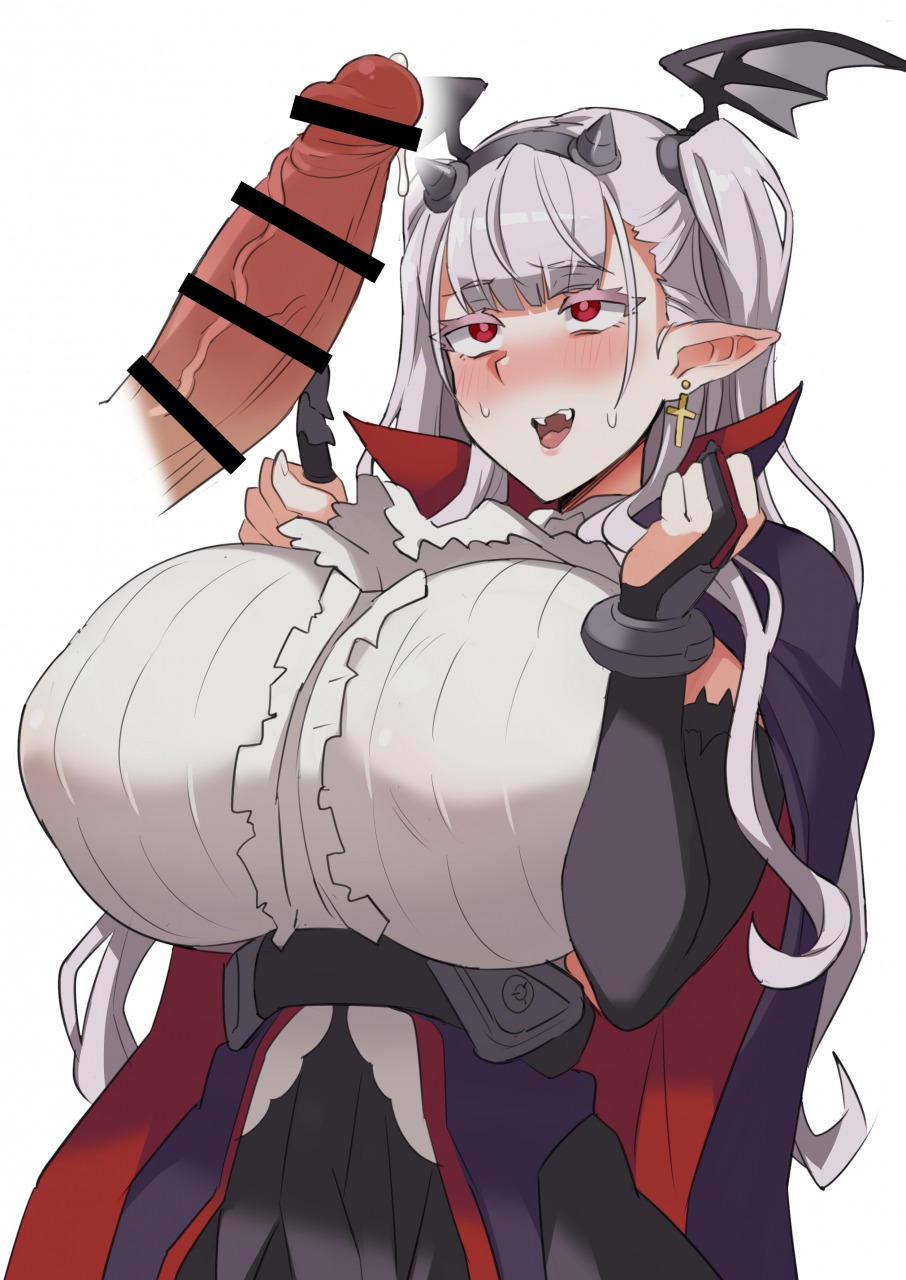 aba rano, big breasts, big penis, breasts, cape, censor bar, censored, cock hungry, cock worship, cross earrings, draculina (last origin), earrings, fangs, female, fully clothed, hair ornament, huge breasts, imminent oral, last origin, light skin, light-skinned female, long hair, male, pale skin, pale-skinned female, penis, pointy ears, precum, red eyes, silver hair, sweatdrop, twintails, vampire, white hair