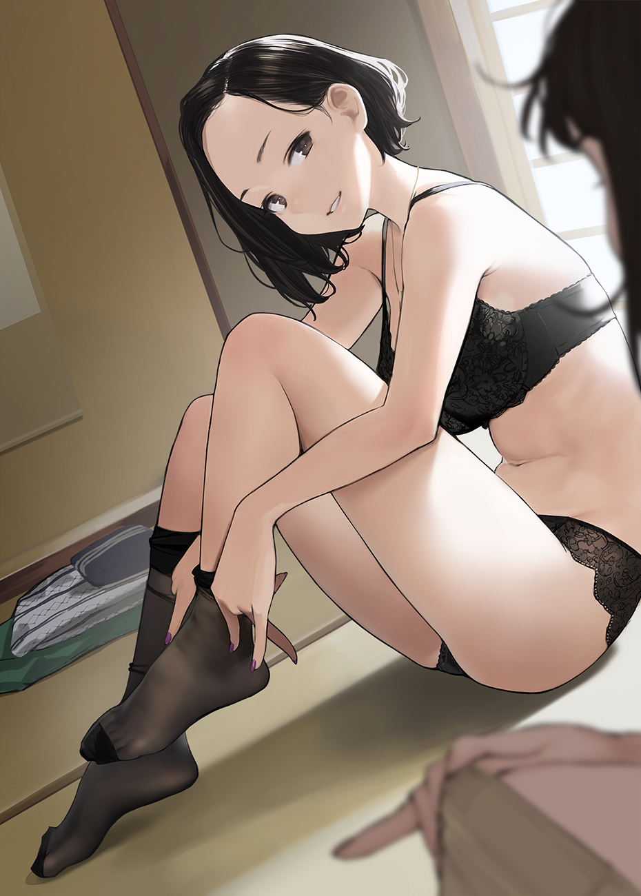 barefoot black_bra black_eyes black_hair black_legwear black_panties black_underwear bra breasts dark_hair douki-chan's_boss_(yomu_(sgt_epper)) female ganbare_douki-chan legs legwear looking_at_another nail_polish navel necklace panties short_hair sitting smile stockings thighhighs thighs underwear yomu_(sgt_epper)