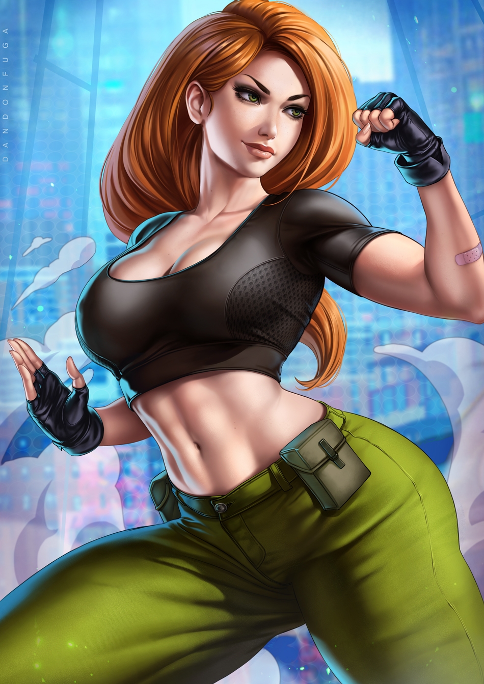 1girls, abs, action pose, aged up, alternate breast size, ass, big breasts, breasts, child bearing hips, cleavage, clothed, clothing, dandon fuga, disney, female, female only, fingerless gloves, green eyes, huge breasts, human, human only, kim possible, kimberly ann possible, large breasts, red hair, round ass, solo, thick thighs, thighs, toned, toned female, wide hips
