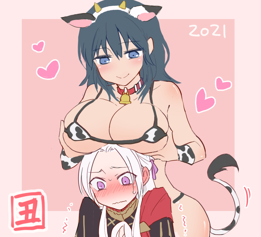1futa, 1girls, bikini, blue eyes, blush, breast rest, breasts, breasts on head, byleth (fire emblem), byleth (fire emblem) (female), cow bikini, cow girl, cow print, edelgard von hresvelg, embarrassed, female, female protagonist, fire emblem, fire emblem: three houses, futanari, huge breasts, intersex, large breasts, medium hair, micro bikini, nagasawa (tthnhk), nintendo, purple eyes, sideboob, smile, tail, teacher, teacher and student, teal hair, underboob, white hair, year of the ox, yuri