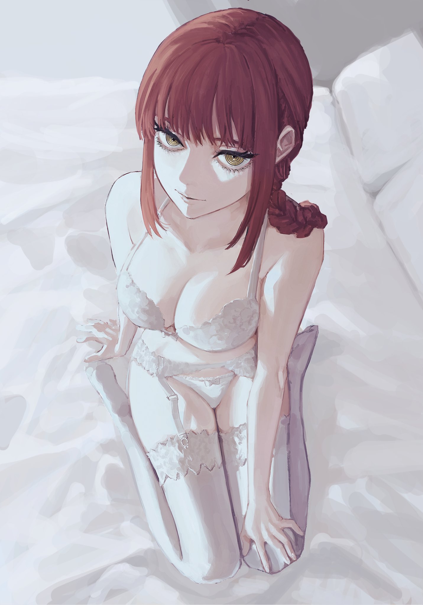 1girls, bed, bedroom, bra, braid, braided ponytail, breasts, chainsaw man, cleavage, collarbone, female, female focus, female only, fringe, garter belt, garter straps, highres, legs together, light skin, light-skinned female, lingerie, looking at viewer, makima (chainsaw man), makimasansuki, medium breasts, on bed, pale skin, pale-skinned female, panties, parted lips, ponytail, red hair, ringed eyes, sitting, smooth skin, solo, solo female, stockings, thighhighs, thighs, underwear, white stockings, yellow eyes