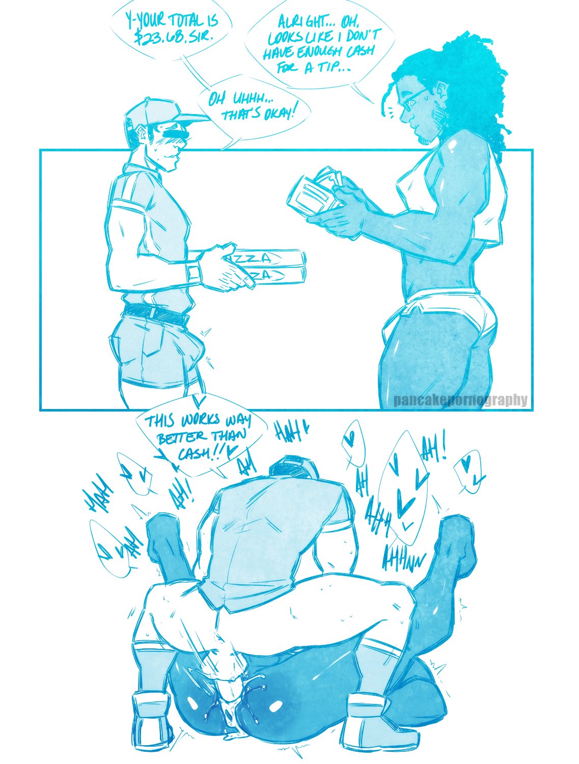 2boys, anal, anal sex, anus, ass, ass juice, bara, bottomless, bulge, cum, cum in ass, cum inside, delivery, delivery boy, delivery employee, delivery man, delivery uniform, digital media (artwork), domination loss, erection, gay, instant loss 2koma, interracial, long hair, male, male focus, male only, male penetrated, male penetrating, male penetrating male, male/male, mating press, moaning, money, motion lines, original, original character, penetration, penis, pizza, pizza box, pizza delivery, prostitution, sex, short shorts, shorts, size difference, small dom big sub, thepancakehub, thrusting, yaoi