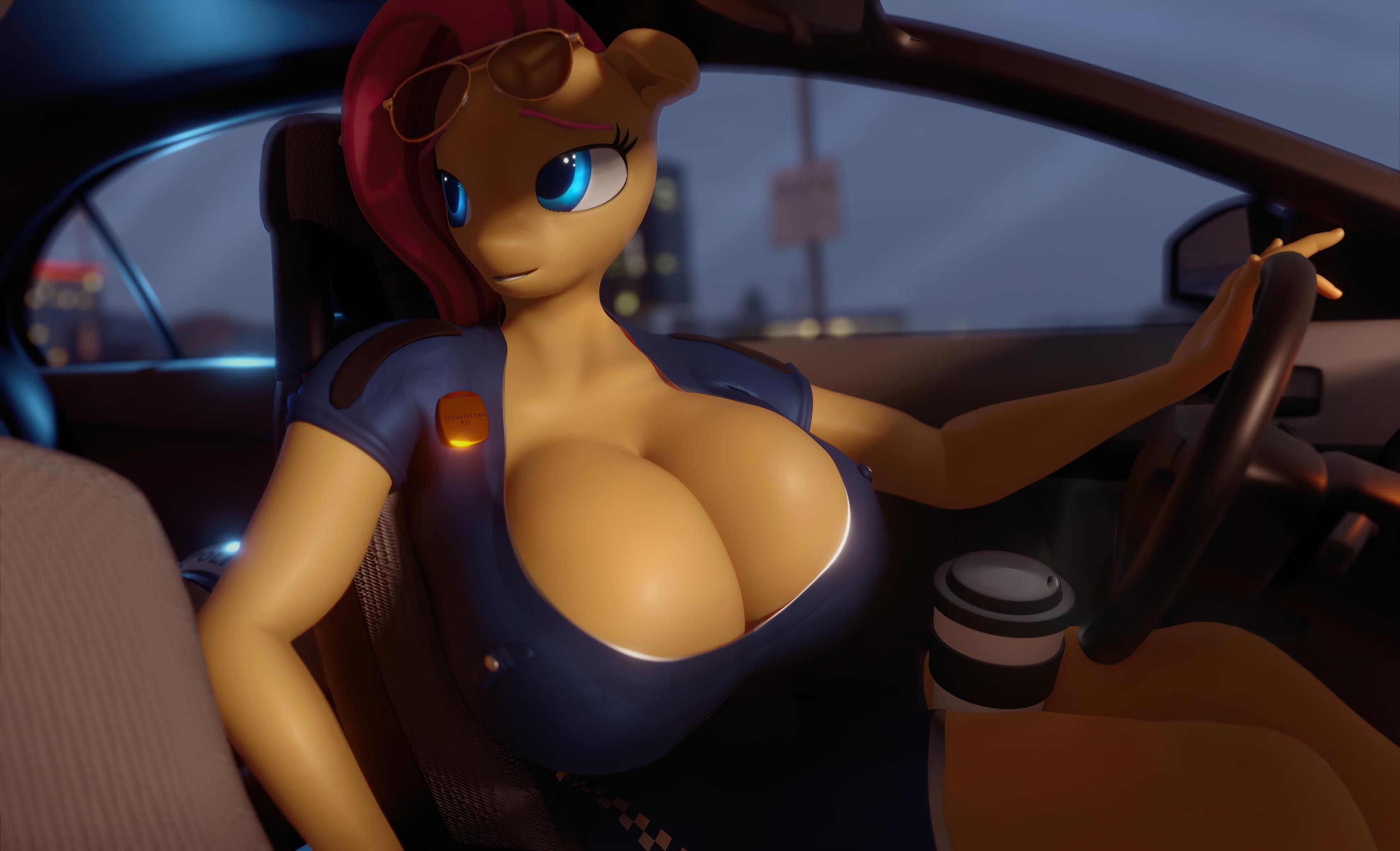 2021, 3d, absurd res, anthro, anthrofied, big breasts, blue eyes, breasts, car, cleavage, clothed, clothing, coffee cup, equid, equine, essentiallypony, female, fluttershy (mlp), friendship is magic, hi res, huge breasts, mammal, moreuselesssource, my little pony, pink hair, police, police car, police uniform, solo, steering wheel, straight hair, uniform, vehicle, yellow body, yellow skin