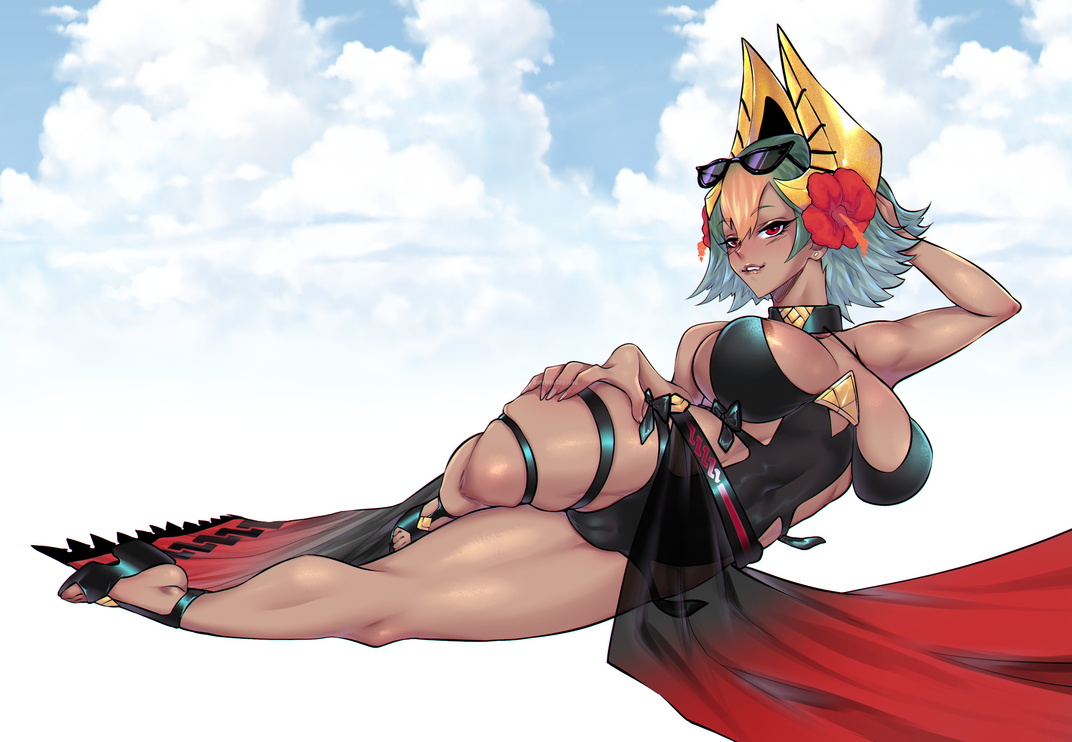 1girls, alternate costume, bare legs, big breasts, black footwear, black swimsuit, breasts, dark skin, dark-skinned female, eyewear on head, female, fire emblem, fire emblem heroes, gabriela gogonea, laegjarn (fire emblem), large breasts, looking at viewer, nintendo, on side, one-piece swimsuit, red eyes, sandals, sarong, seductive, seductive smile, short hair, smile, solo, solo female, sunglasses, sunglasses on head, swimsuit