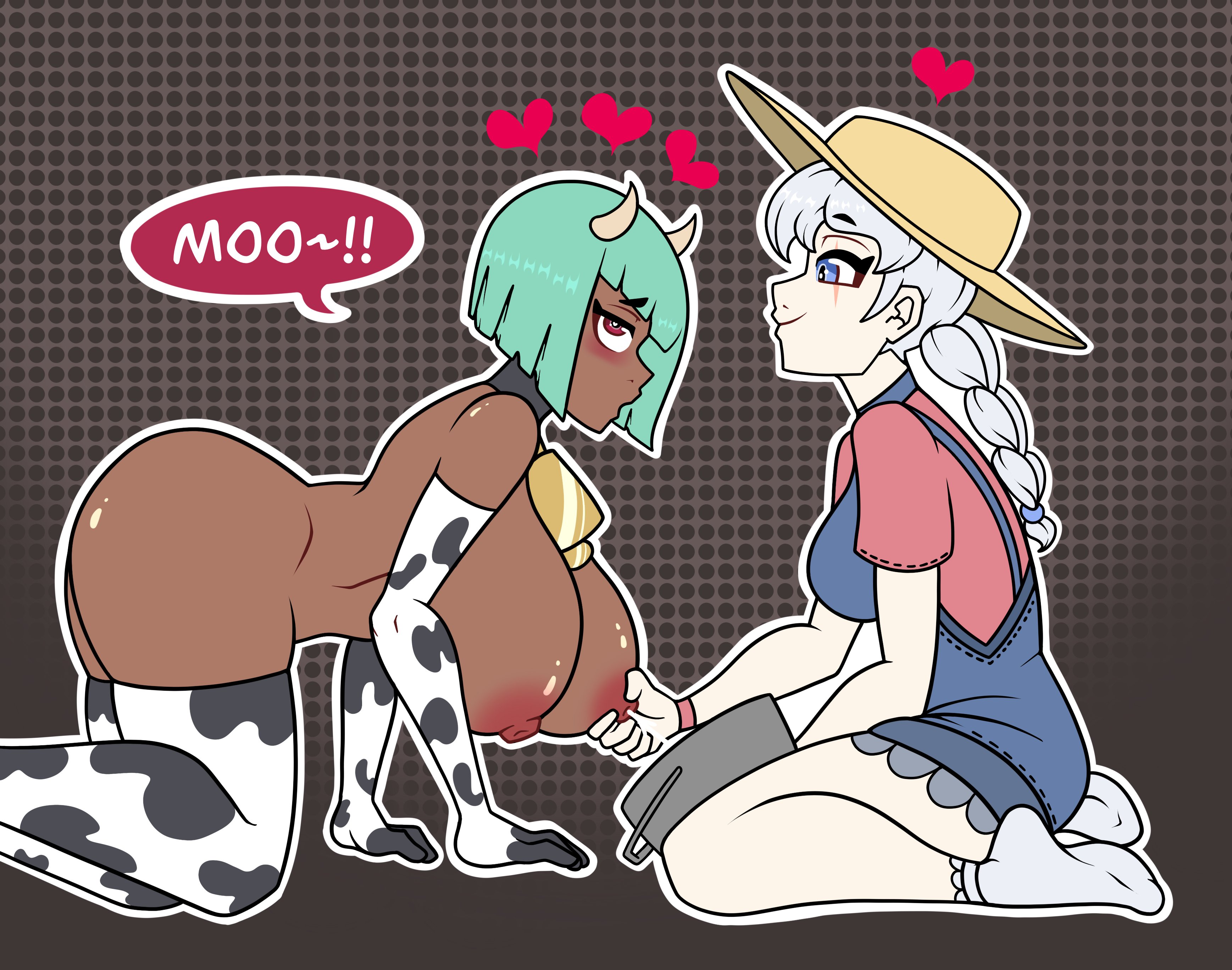 2girls, blue eyes, bucket, cow girl, cow print, cowbell, emerald sustrai, female, female only, green hair, magenta eyes, milking, multiple females, multiple girls, owl pie, petplay, rwby, weiss schnee, white hair, yuri