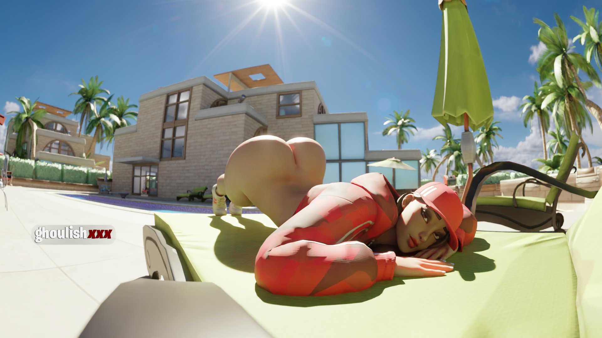 1girls, 3d, ass, ass up, big ass, bottomless, cap, female, fortnite, ghoulishxxx, large ass, poolside, public, ruby (fortnite), tagme, topwear