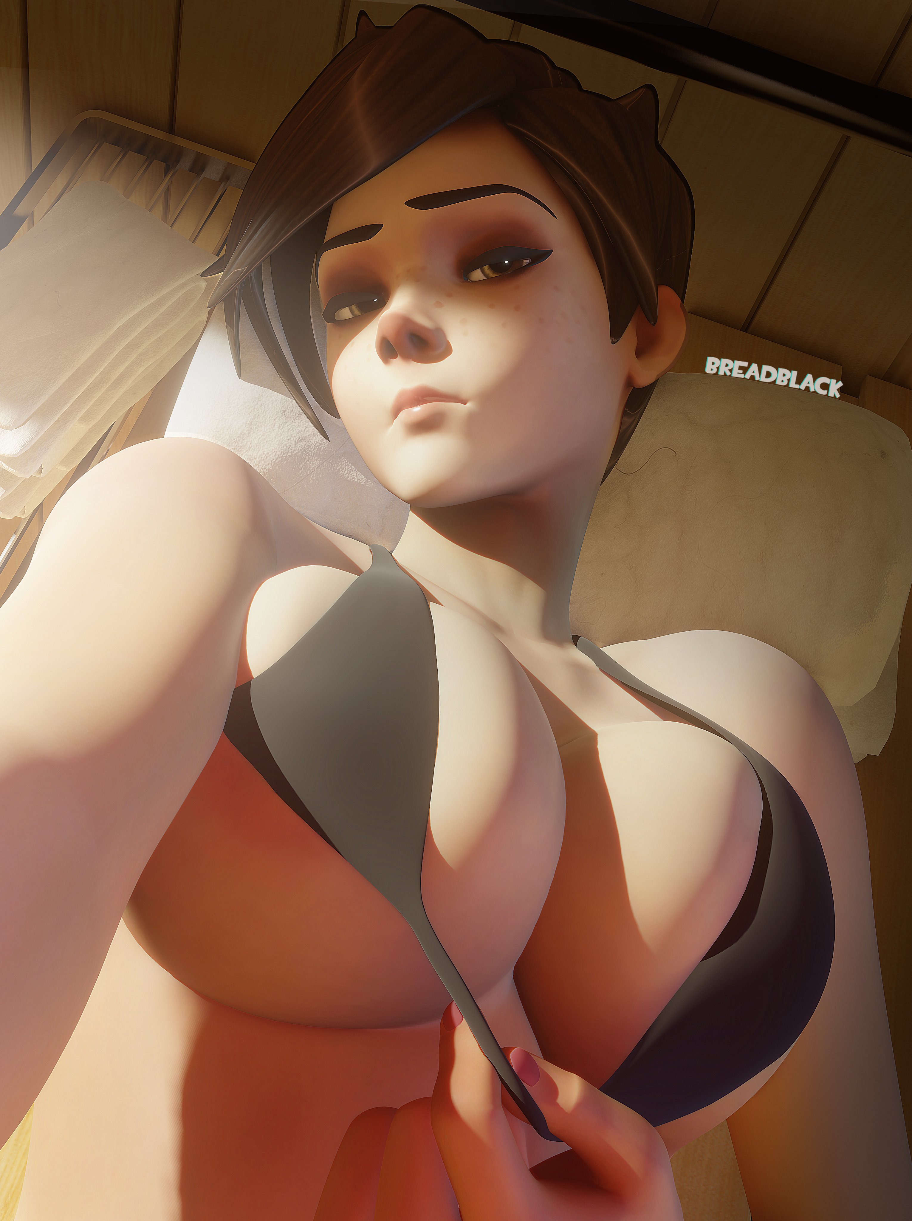 1girls, 3d, absurdres, breadblack, breasts, cleavage, female, female only, highres, huge breasts, human, looking at viewer, overwatch, pale skin, selfie, swimwear, tracer