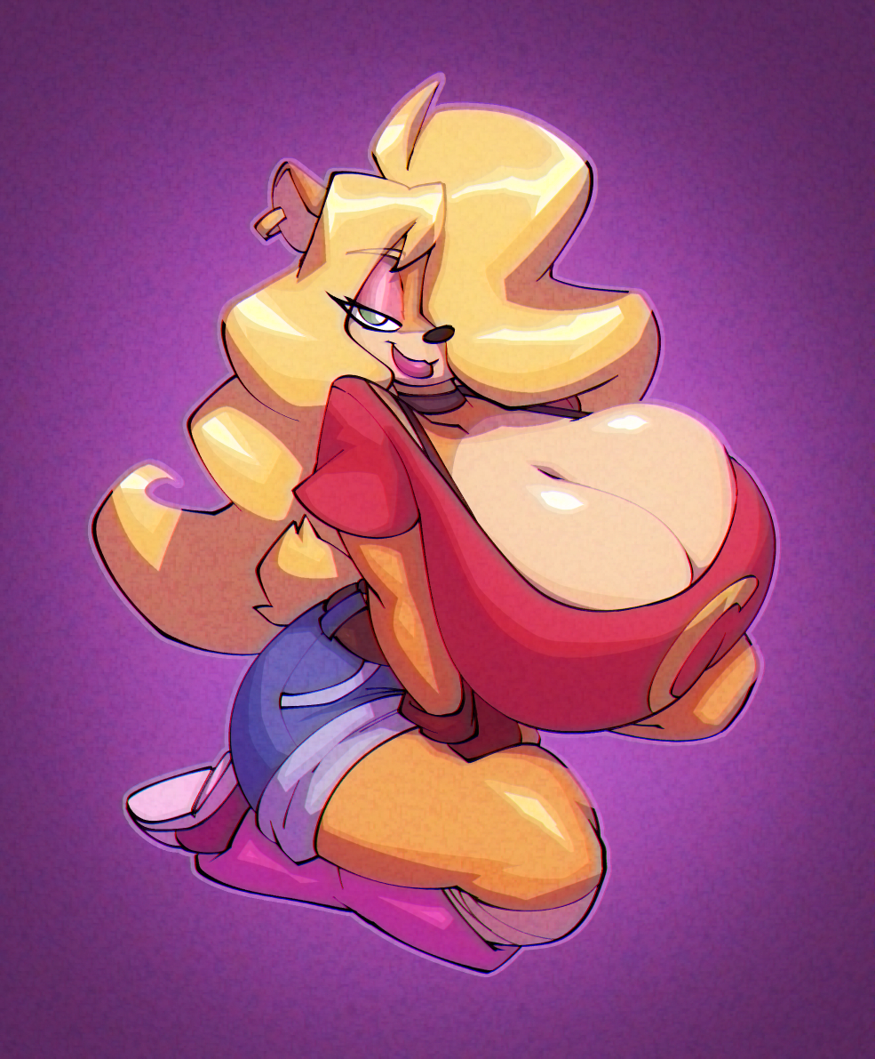 2021, activision, anthro, bandicoot, bedroom eyes, belt, big breasts, bigdad, blonde hair, bottomwear, breasts, cleavage, clothed, clothing, crash (series), cutoffs, denim, denim clothing, ear piercing, ear ring, female, female focus, female only, fur, furry, furry only, gloves, green eyes, hair, hair over eye, handwear, huge breasts, large breasts, leg warmers, legwear, lipstick, long hair, looking at viewer, makeup, mammal, marsupial, narrowed eyes, one eye obstructed, piercing, seductive, shirt, shorts, simple background, smile, solo, t-shirt, tail, tawna bandicoot, thick thighs, topwear, wide hips