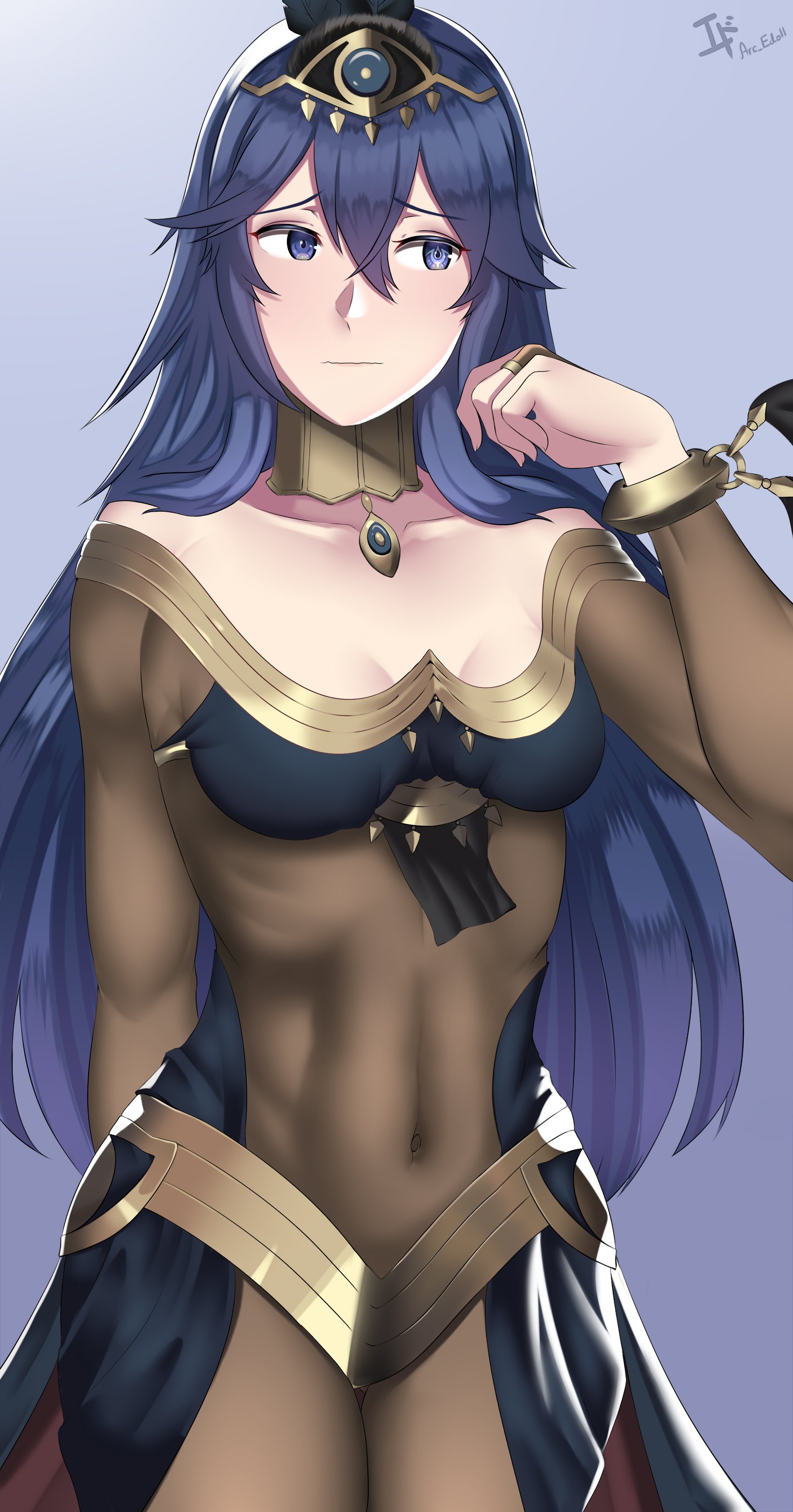 1girls, absurdres, alternate costume, arcedo, armlet, bare shoulders, blue eyes, blue hair, blush, bodystocking, bracelet, breasts, cape, circlet, cleavage, collar, cosplay, covered navel, dancer, earrings, female, female only, fire emblem, fire emblem awakening, fire emblem heroes, hair between eyes, harem outfit, highres, jewelry, long hair, looking at viewer, lucina (fire emblem), medium breasts, midriff, necklace, nintendo, open mouth, plegian, ponytail, simple background, solo, solo female, tharja (fire emblem) (cosplay), tiara