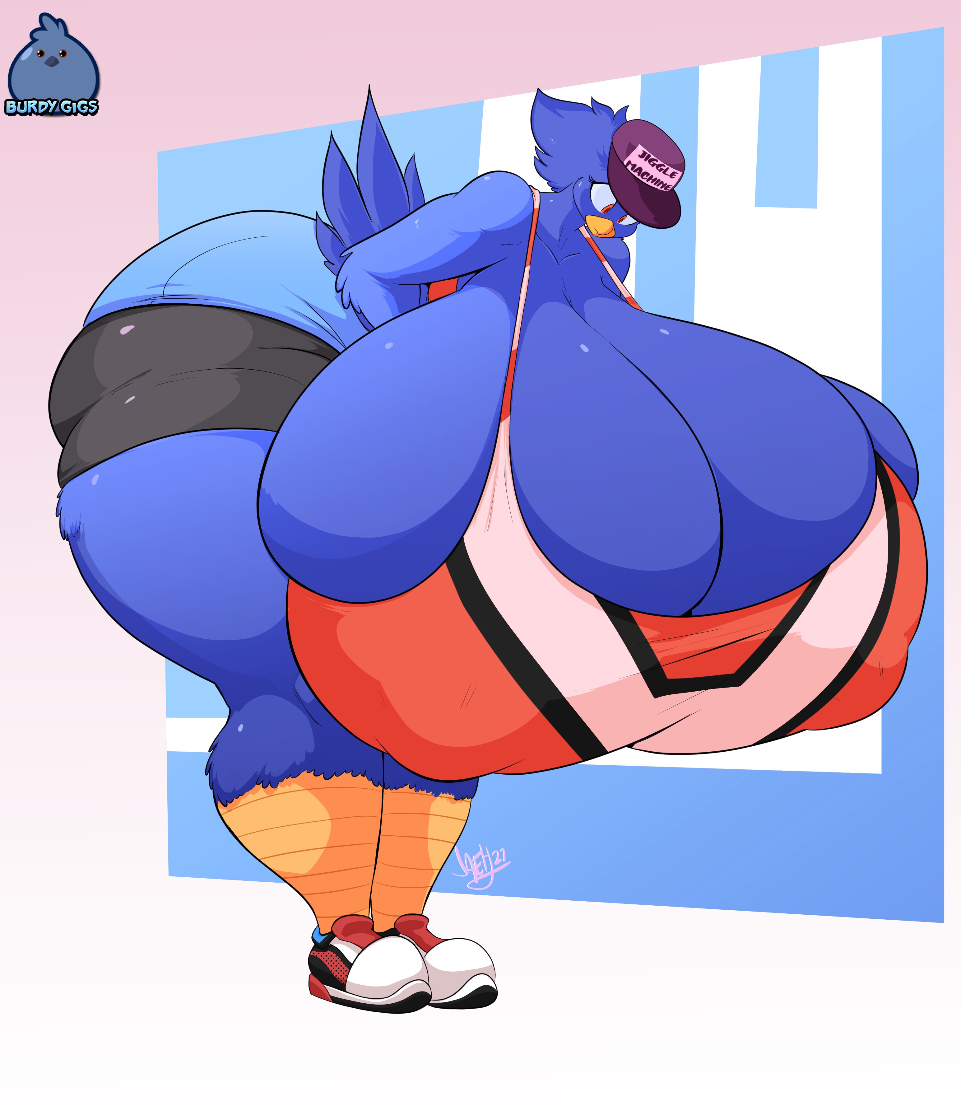 2021, absurd res, anthro, avian, beak, bent over, bird, blue body, blue feathers, breasts, breasts bigger than head, busty bird, cleavage, clothed, clothing, corvid, corvus (genus), crow, curvy figure, dated, feathers, female, female focus, female only, hi res, huge hips, huge thighs, hyper, hyper breasts, jaeh, nipple outline, non-mammal breasts, original, original character, oscine, passerine, red eyes, scutes, signature, solo, tail feathers, thick thighs, voluptuous, wide hips, yellow beak