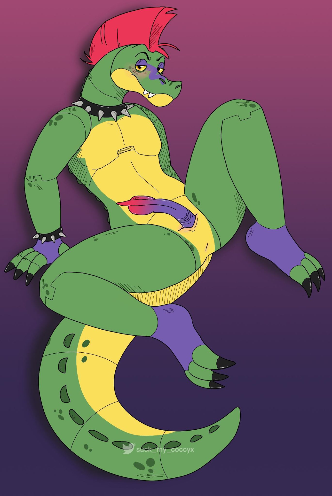 1boy 2021 alligator alligatorid animal_genitalia animal_penis animatronic anthro anus ass barefoot big_tail blush bodypaint boner bracelet claws collar crocodilian erection face_paint feet five_nights_at_freddy's five_nights_at_freddy's:_security_breach frown genital_slit genitals green_body green_nose green_scales green_tail hair half-closed_eyes hi_res jewelry long_tail looking_at_viewer machine male male_only mohawk montgomery_gator montgomery_gator_(fnaf) multicolored_body multicolored_penis multicolored_tail narrowed_eyes nude orange_eyes overbite pecs penis presenting presenting_anus presenting_hindquarters presenting_penis presenting_slit purple_background purple_penis red_hair red_penis reptile robot rockstar scales scalie sharp_claws sharp_teeth short_hair simple_background sitting slit solo spiked_bracelet spiked_collar spikes spread_legs spreading suckmycoccyx teeth thick_tail thick_thighs toe_claws video_games yellow_body yellow_sclera yellow_slit yellow_tail