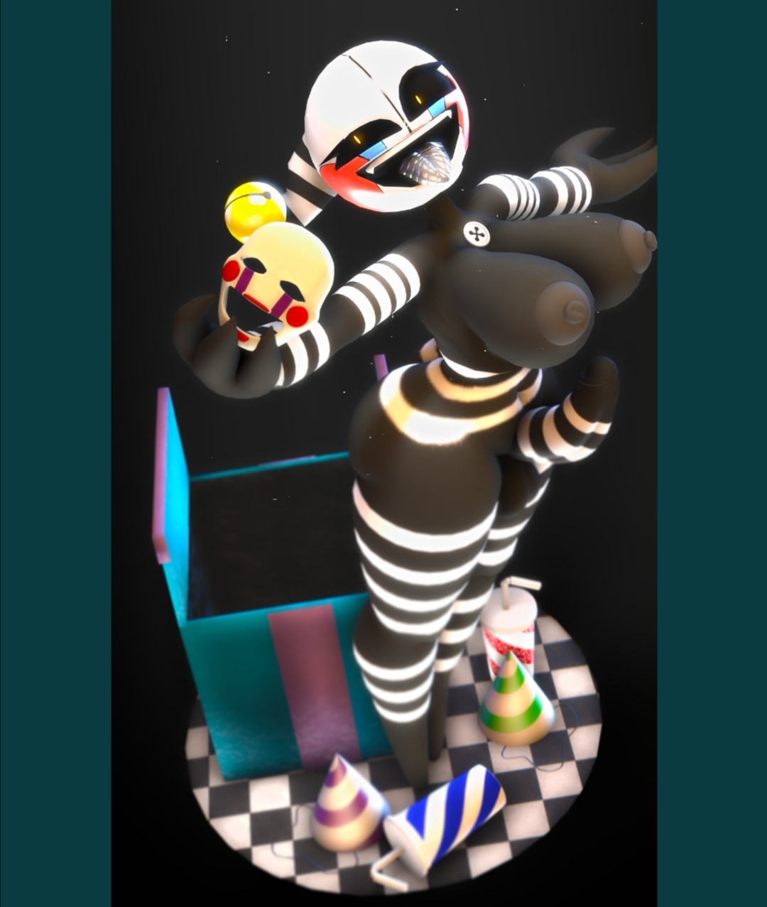 1futa, 3d, areolae, artist request, ass, balls, big ass, big breasts, big penis, breasts, five nights at freddy's, futa only, futanari, humanoid, humanoid penis, intersex, marionette (fnaf), nude, penis, puppet (fnaf), rule 63, security puppet (fnaf), solo, standing, thick thighs, tongue, tongue out, wide hips