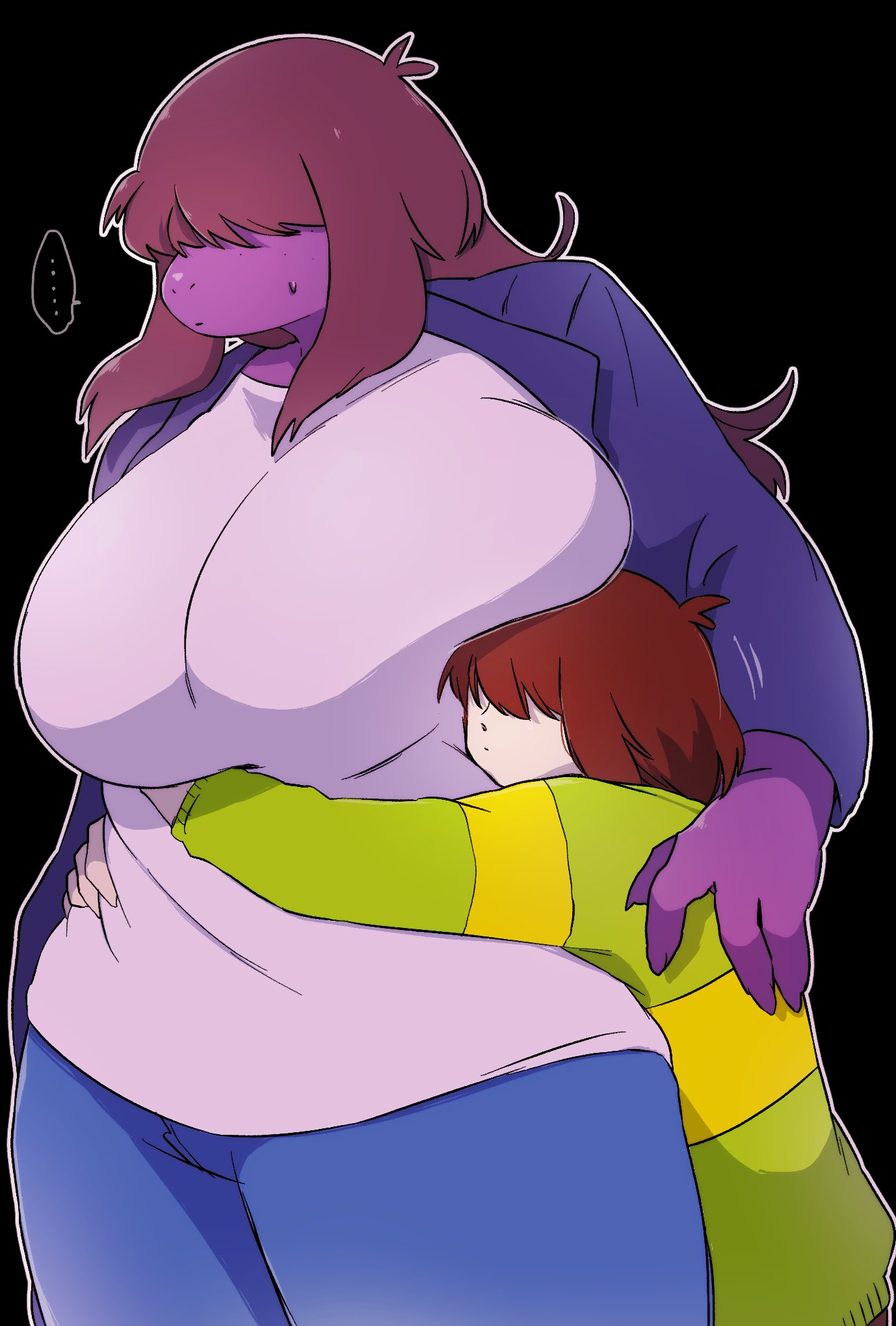 2020, ambiguous gender, anthro, big breasts, black background, blue clothing, boob hat, bottomwear, breast squish, breasts, brown hair, chubby female, clothed, clothing, deltarune, denim, denim clothing, duo, female, fully clothed, green clothing, hair, hair over eyes, hi res, hug, huge breasts, hugging from behind, human, jeans, kris (deltarune), larger female, mammal, non-mammal breasts, not porn, pants, purple body, purple scales, scales, scalie, shirt, simple background, size difference, slightly chubby, smaller ambiguous, squish, susie (deltarune), thick thighs, topwear, underchikichan, video games, white clothing, white shirt, white topwear, wholesome