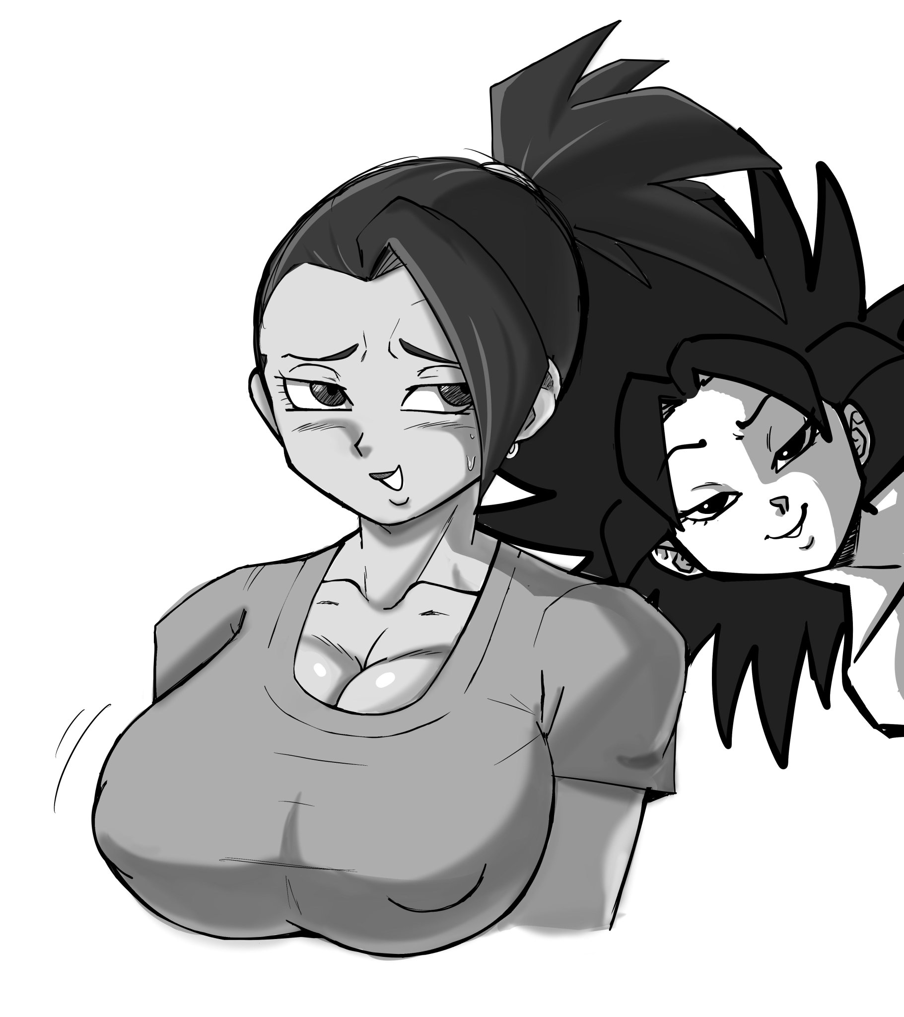 2girls, black hair, breasts, caulifla, cleavage, dragon ball, dragon ball super, earring, female, female only, huge breasts, kale, looking at viewer, pseudocel, shounen jump, tight fit