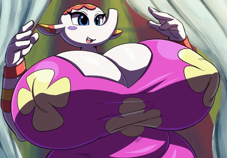 animal_crossing big_breasts blue_eyes cleavage_overflow clothed clothing curtains dressed elephant elephant_ears elephant_humanoid eyelashes fabianoferreira flowers hands_up huge_breasts margie_(animal_crossing) nintendo pink_dress smile toto_draw waifu_crossing_(toto) white_body white_skin