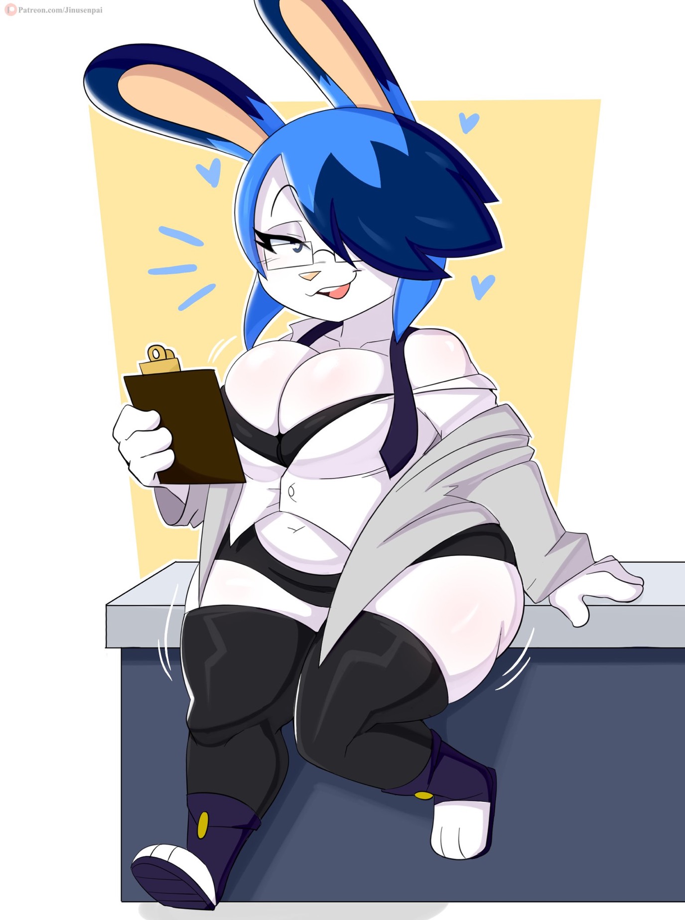 barely clothed, belly, bikini, blue hair, bunny ears, bunny girl, female, furry, glasses, horny, jinu, nurse, on desk, original, shortstack, thick thighs, undone necktie, vicevine