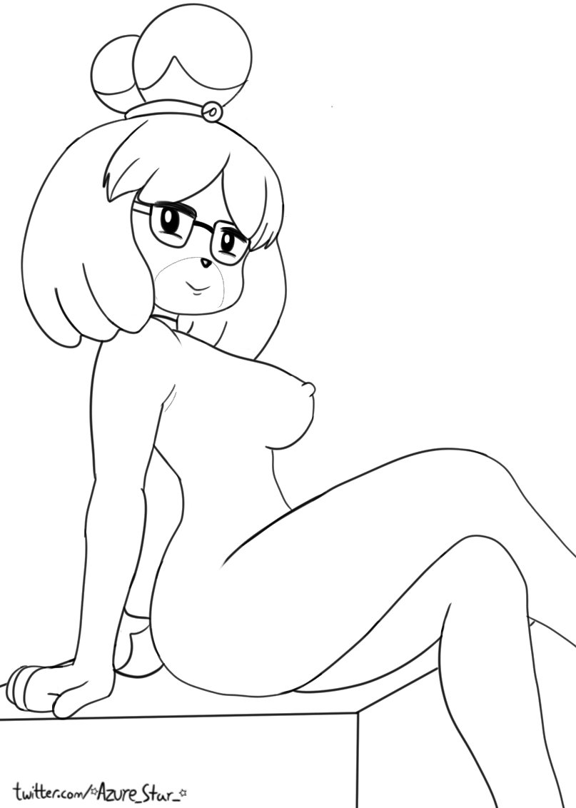 2021 animal_crossing azurestar breasts glasses humanoid isabelle_(animal_crossing) legs legs_crossed nintendo nipples nude secretary sitting sketch