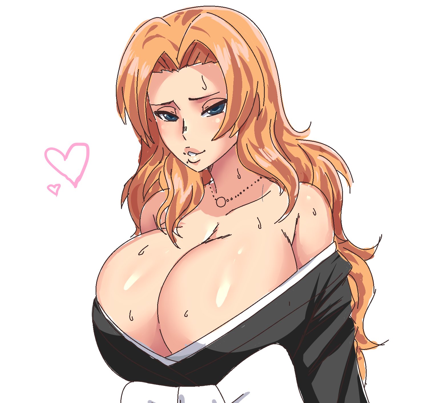 1girls, bleach, breasts, cleavage, female, female only, huge breasts, looking at viewer, matsumoto rangiku, shounen jump, simmsy, solo, sweat