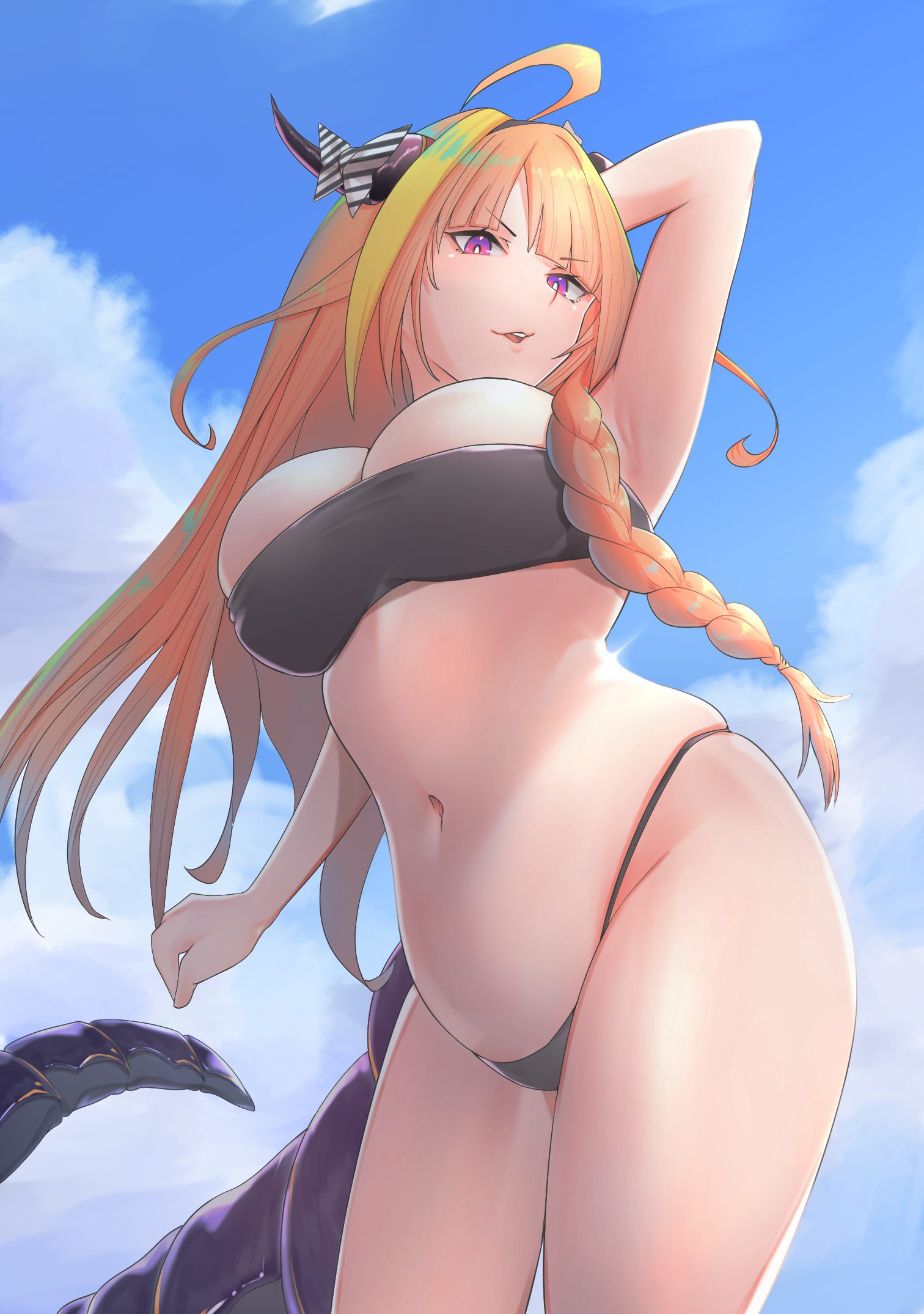 arm up, armpit, bandeau, belly, big breasts, bikini, bikini bottom, bikini top, black bikini, braid, breasts, clouds, covered nipples, dragon tail, female, female only, highleg, highleg bikini, holoforce, hololive, hololive japan, horns, kiryu coco, long hair, looking at viewer, looking down, low-angle view, navel, open mouth, orange hair, osyake, purple hair, shadow, solo, standing, stomach, string bikini, tail, thick thighs, thighs, virtual youtuber, wide hips