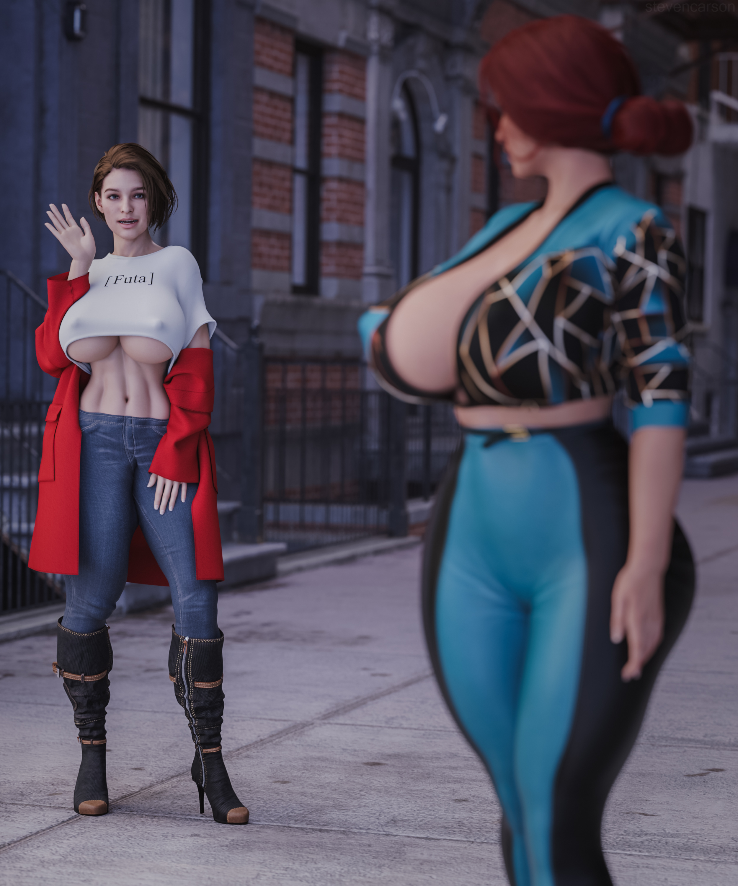 1futa, 1girls, 3d, balls, balls bulge, balls under clothes, blue eyes, breasts, brown hair, bulge, bulge down leg, bulge through clothing, bulge under clothes, cameltail, cd projekt red, cleavage, clothed, clothing, crossover, duo, english text, erect nipples, erection, erection under clothes, female, fully clothed, futa with female, futanari, green eyes, hair bun, huge breasts, huge cock, human, hyper, hyper balls, hyper penis, intersex, jeans, jill valentine, jill valentine (sasha zotova), long hair, midriff, milf, muscular, muscular futa, nipple bulge, nipples, no eyewear, outdoors, outside, pale skin, partially clothed, penis, penis bulge, penis to the knees, penis under clothes, public, realistic, red hair, resident evil, resident evil 3, resident evil 3 remake, short hair, standing, stevencarson, straight hair, tenting, text on clothing, text on shirt, text on topwear, the witcher, the witcher (series), the witcher 2, the witcher 3: wild hunt, tied hair, triss merigold, underboob, wide hips