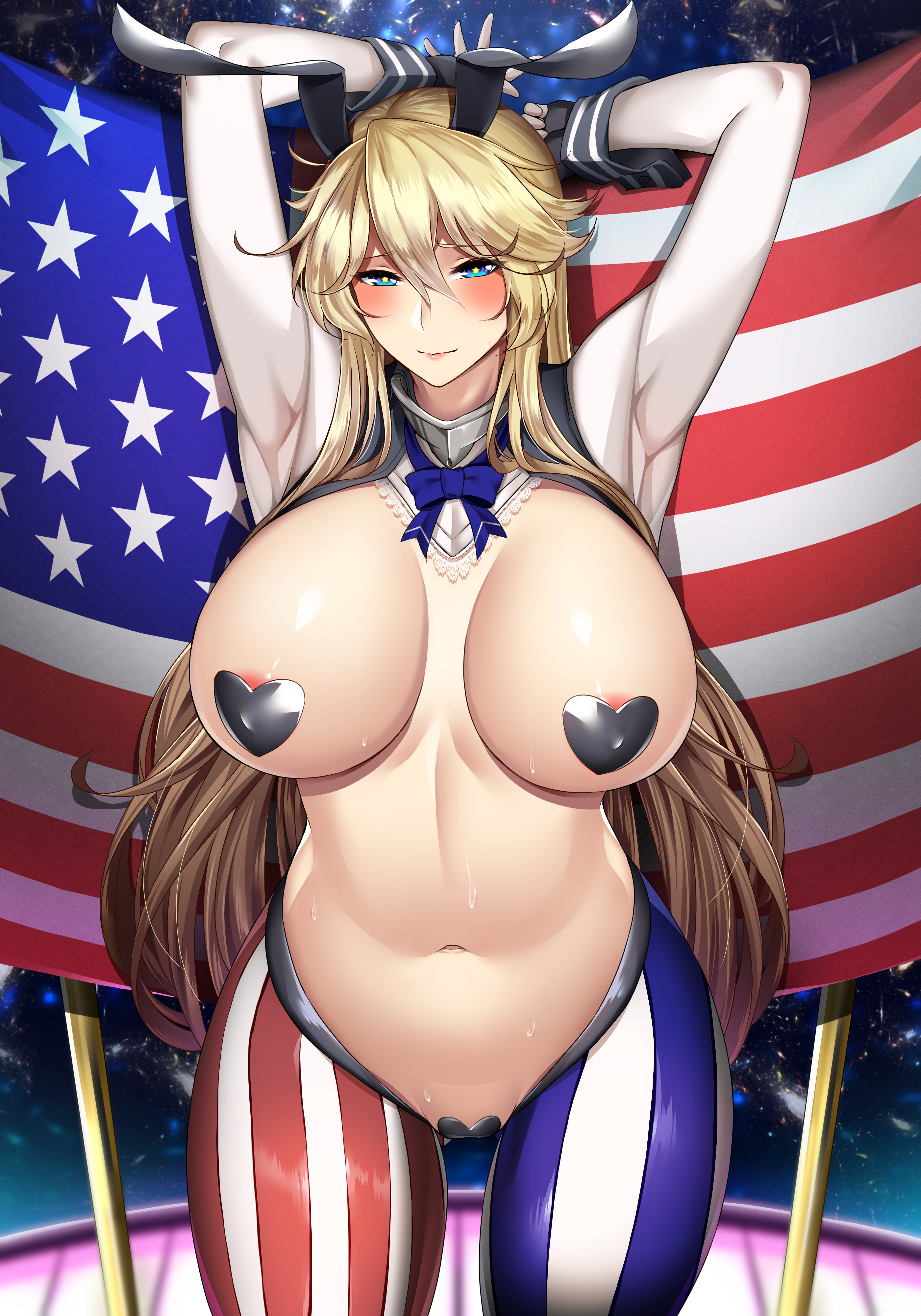 1girls, absurdres, american flag, american flag legwear, animal ears, areola slip, areolae, arms up, asymmetrical legwear, bangs, big breasts, black heart pasties, black pasties, blonde female, blonde hair, blue eyes, blush, breasts, bunny ears, closed mouth, eyebrows visible through hair, fake animal ears, female, female focus, female only, flag, hair between eyes, heart, heart maebari, heart pasties, highres, huge breasts, iowa (kantai collection), kantai collection, kome cola, large breasts, long hair, maebari, meme attire, navel, pasties, reverse bunnysuit, reverse outfit, solo, solo female, standing, star (symbol), star-shaped pupils, striped, striped legwear, sweat, symbol-shaped pupils, voluptuous, wrist cuffs, yellow pupils