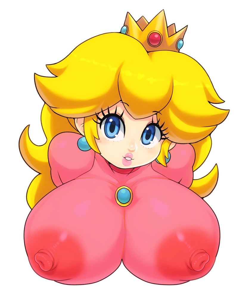 1girls, alternate breast size, areolae, big areola, big breasts, blonde hair, blue eyes, breasts, clothing, dress, erect nipples, erect nipples under clothes, female, female only, huge breasts, large areolae, large breasts, lipstick, long hair, looking at viewer, makeup, mario (series), matospectoru, nintendo, nipples, pink dress, pink lipstick, princess peach, see-through, see-through clothing, see-through dress, simple background, sleeveless, solo, solo female, solo focus, tight clothing, white background