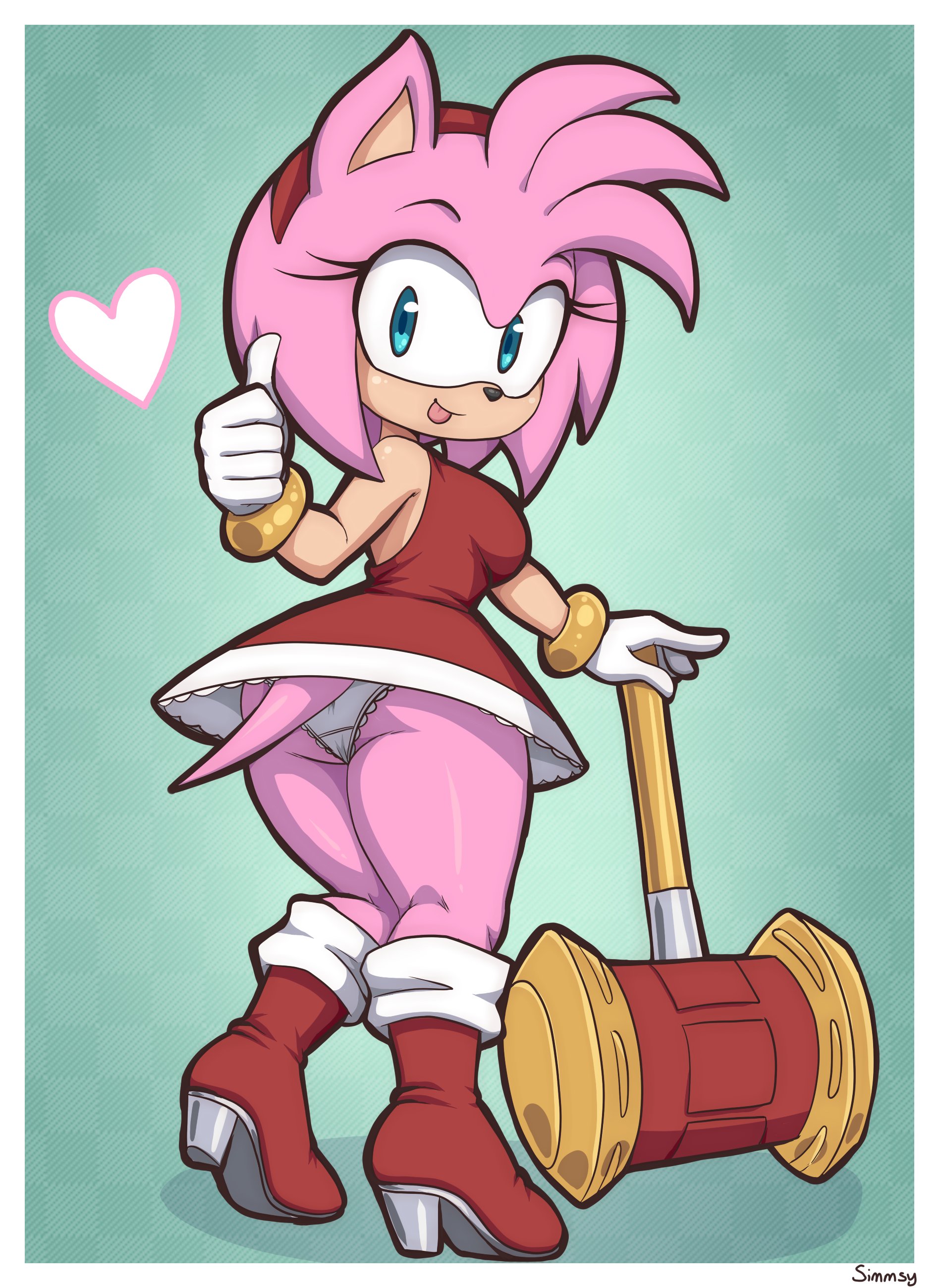 1girls, amy rose, anthro, ass, big ass, blue eyes, clothed, dress, female, female only, furry, hammer, heels, panties, simmsy, solo, sonic (series), thick thighs, thumbs up, tongue, tongue out, upskirt, weapon