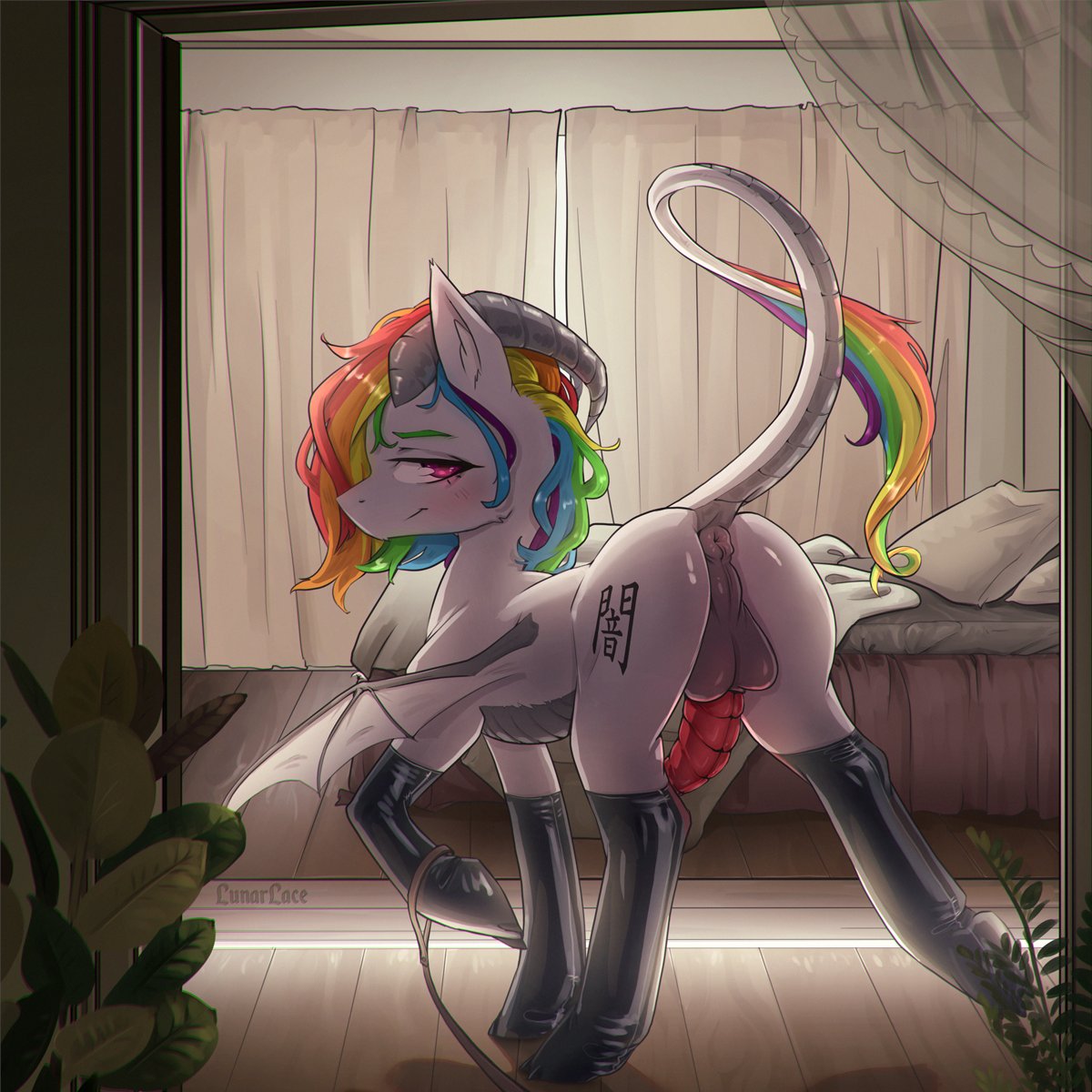 1:1 2021 anus ass balls bed bedroom_eyes blush cutie_mark detailed_background dragon english_text equid equine erection fan_character feral fur furniture genitals grey_body grey_scales hasbro hi_res hooves horn horse hybrid inside latex_stockings leash looking_at_viewer looking_back lunarlacepony male mammal mane membrane_(anatomy) membranous_wings multicolored_mane multicolored_tail my_little_pony narrowed_eyes penis perineum pillow pink_eyes plant pony presenting presenting_hindquarters puffy_anus quadruped rainbow_mane rainbow_tail raised_tail rear_view scales seductive side_mouth signature solo spread_wings tail_tuft text tuft white_body white_fur white_wings wings