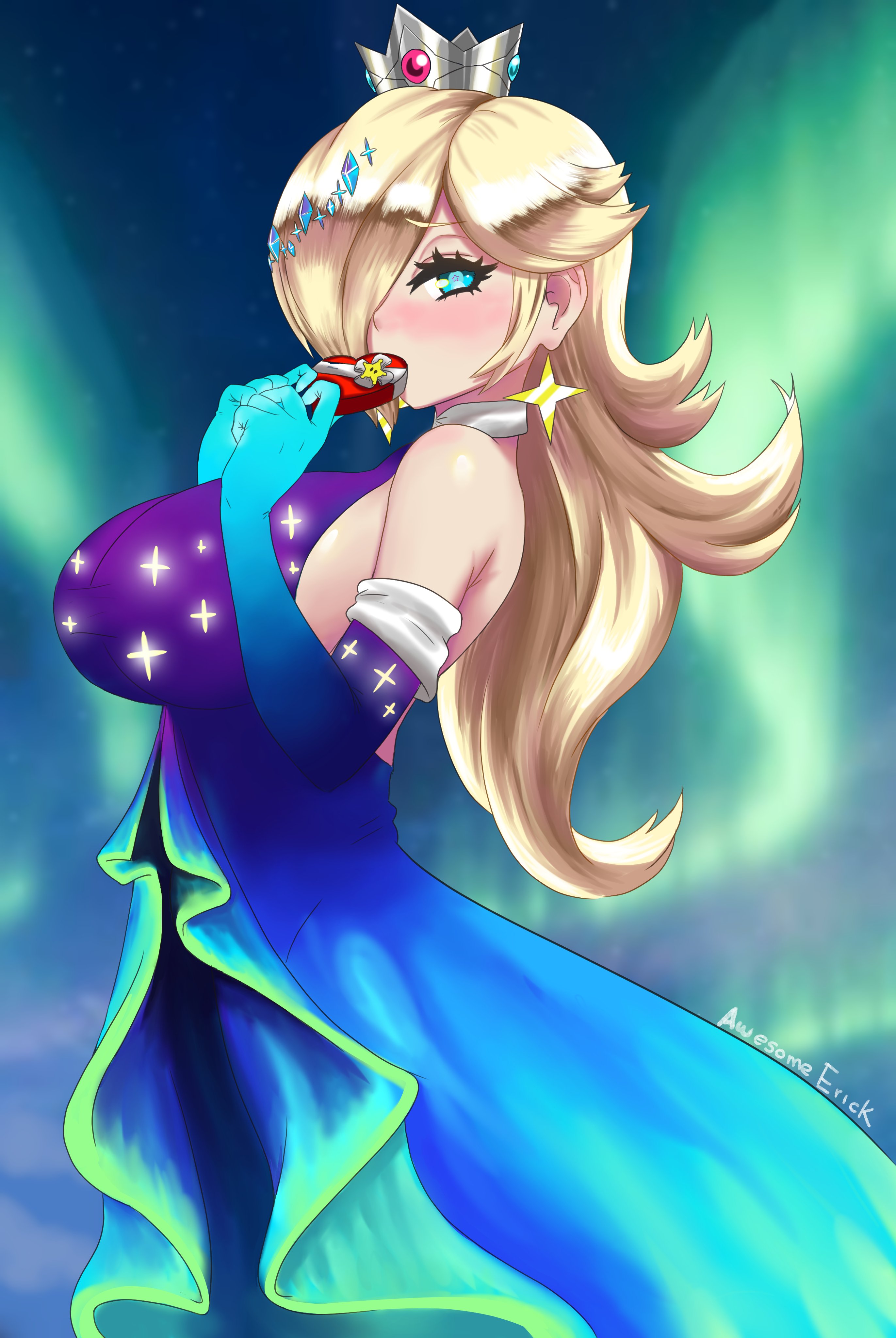 1girls, alternate costume, awesomeerix, bimbo, blonde hair, crown, earrings, female, female focus, female only, mario (series), mario kart, mario kart tour, official alternate costume, princess rosalina, princess rosalina (aurora), solo, solo female, solo focus, super mario galaxy, tagme, valentine's day