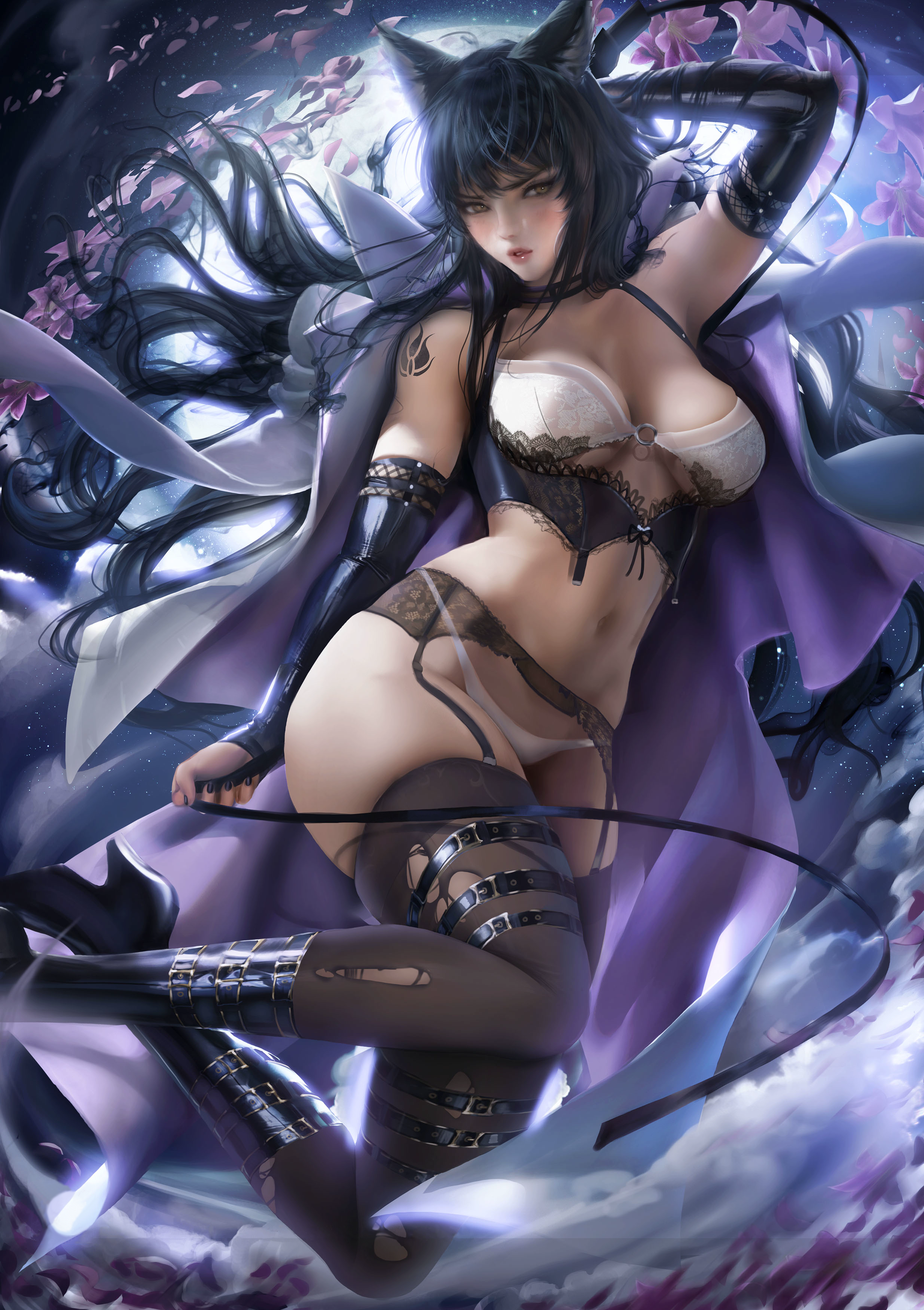 black hair, blake belladonna, boots, breasts, cat ears, cat girl, female, female only, long hair, rwby, sakimichan, solo, third-party edit