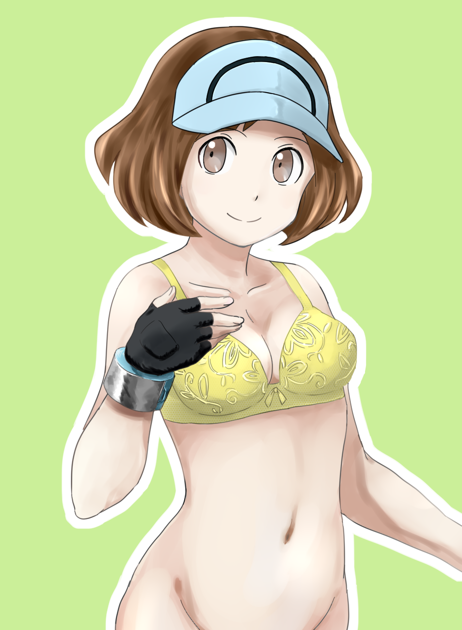 1girls, a (pixiv 17870427), ace trainer (pokemon sm), ace trainer (pokemon), belly button, bottomless, bra, breasts, brown eyes, brown hair, cleavage, creatures (company), female, female focus, female only, fingerless gloves, game freak, gloves, highres, lingerie, looking at viewer, navel, nintendo, npc trainer, pokemon, pokemon (game), pokemon sm, short hair, single glove, smile, stomach, tummy, underwear, visor cap, yellow bra
