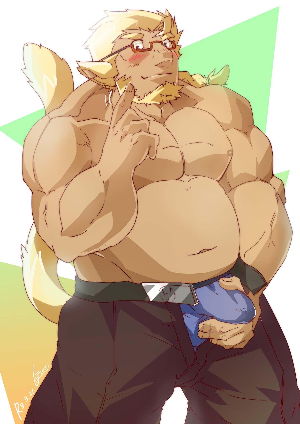 2021 animal_humanoid biped blush bottomwear bulge clothing eyewear glasses hi_res huckle_(live_a_hero) humanoid humanoid_hands kemono live-a-hero male male_only musclegut nipples overweight overweight_male pants shimazanbagu underwear