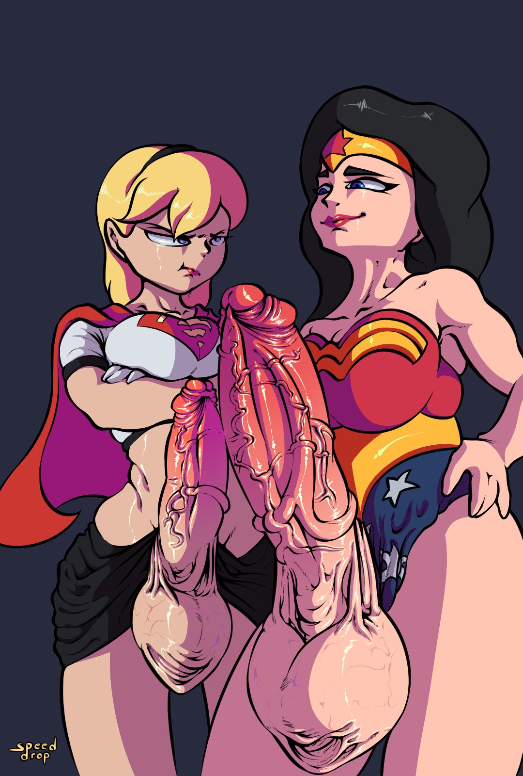 2futas arms_crossed ball_size_difference balls_size_difference big_balls big_breasts big_penis big_testicles black_hair blonde_hair blue_eyes dc_comics erect erection futa_only futanari girthy hand_on_hip huge_balls huge_cock huge_testicles kara_zor-el large_balls large_penis large_testicles larger_futanari looking_at_another massive_balls penis penis_artery penis_size_difference sad size_comparison size_play small_penis_humiliation smaller_futanari smug smug_face speeddrop supergirl superman_(series) tear upset veiny_penis veiny_testicles wonder_woman wonder_woman_(series)