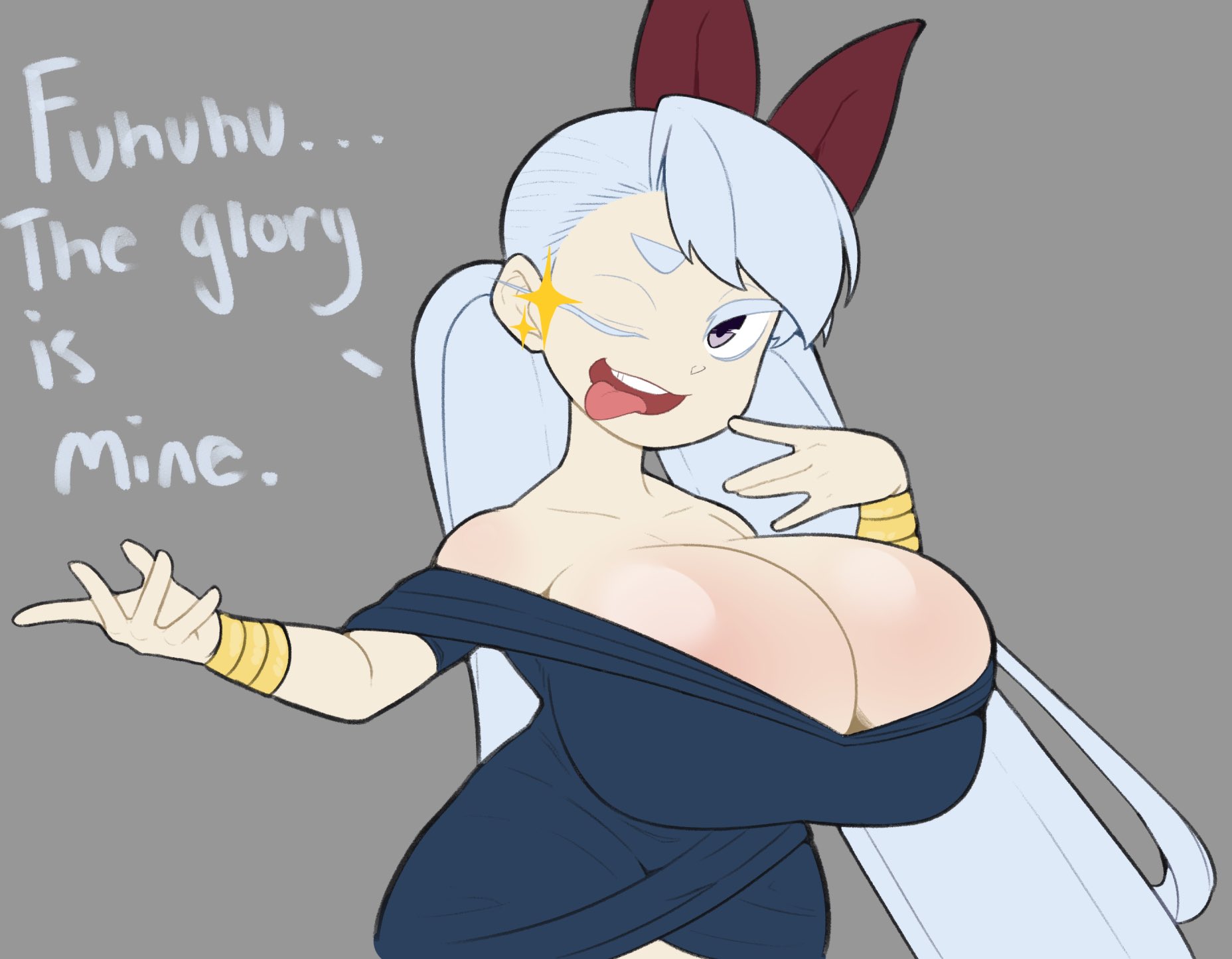 aster (vammzu), big breasts, breasts, cleavage, dress, female, grey hair, hair ribbon, huge breasts, lilac eyes, lilac hair, long hair, low cut top, purple eyes, shortstack, sparkle, tongue, tongue out, vammzu, wink