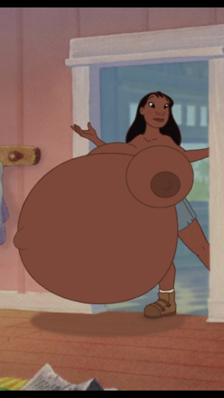 boots brown_areola dark-skinned_female doorway female female_only gigantic_breasts huge_areolae hyper hyper_belly jeans lilo_and_stitch nani_pelekai nipples screenshot_edit shorts straight_hair topless warhammer1231_(artist)