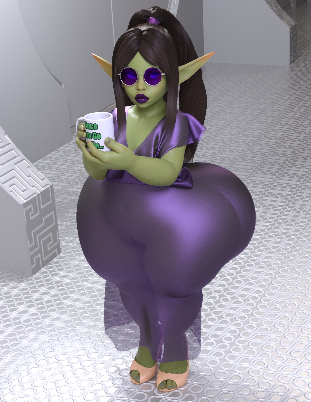 3d, ass, big ass, big butt, dress, evolluisionist, fat ass, female, flat chest, gigantic ass, goblin, goblin female, green skin, huge ass, hyper ass, mivvi, pointy ears, shortstack