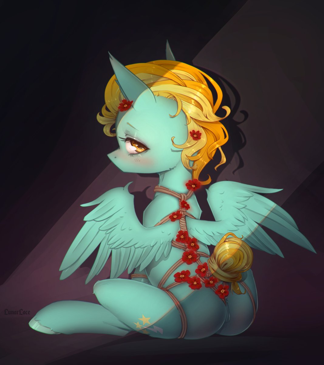 2021 amber_eyes ass blonde_hair blush bondage bondage bound cutie_mark english_text equid equine feathered_wings feathers female feral fetlocks flower friendship_is_magic fur genitals green_body green_feathers green_fur green_wings hair hasbro hi_res hooves lightning_dust_(mlp) looking_at_viewer looking_back lunarlacepony mammal my_little_pony pegasus plant pussy quadruped rear_view rope rope_bondage rope_harness signature sitting solo spread_wings text tied_tail wings yellow_tail