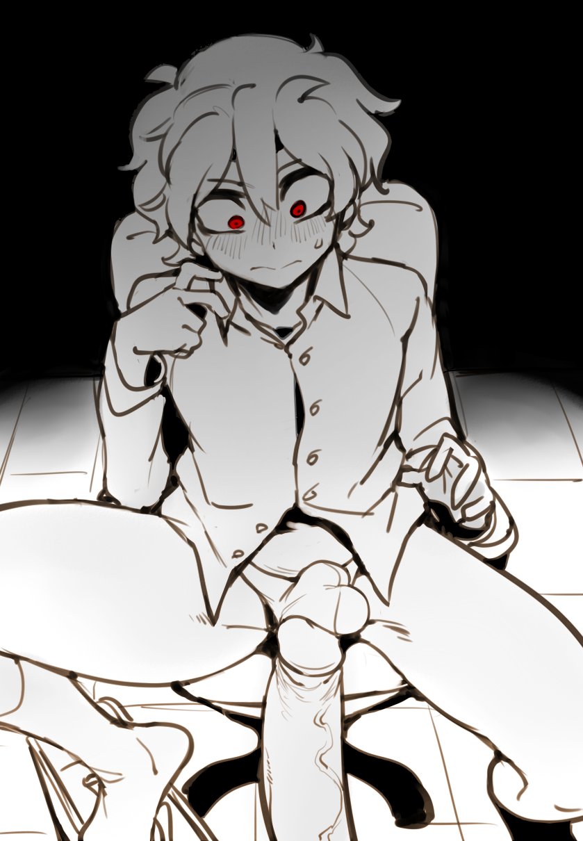 balls, balls in panties, big penis, dion (naufranz), doppel, erect penis, femboy, gay, half-dressed, male, panties, penis, penis comparison, penis size difference, penis touching balls, red eyes, sketch, socks, yaoi