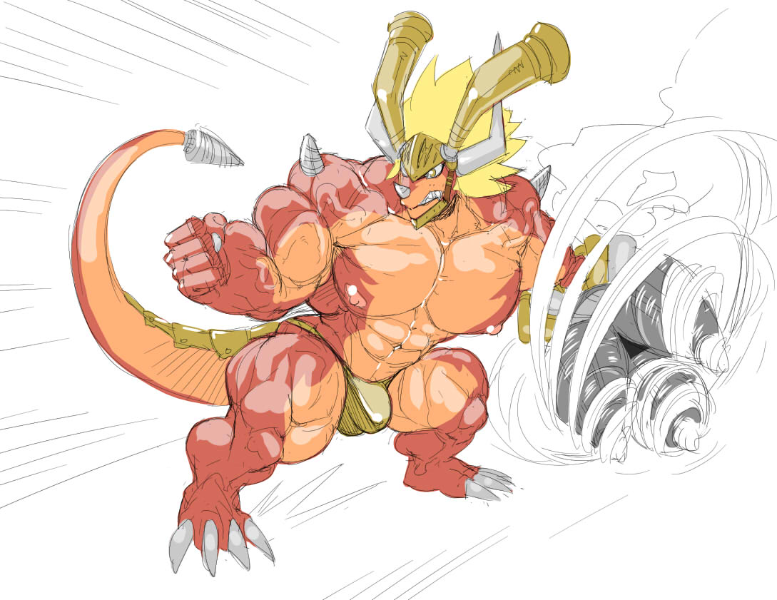 2017 4_toes 5_fingers anthro armor attack big_bulge blonde_hair bulge clothed clothing dragon feet fingers fist frown future_card_buddyfight hair headgear helmet horn huge_bulge huge_muscle male muscular plantigrade solo solo_male spinning stagor55 standing toes underwear underwear_only veiny_muscle weapon